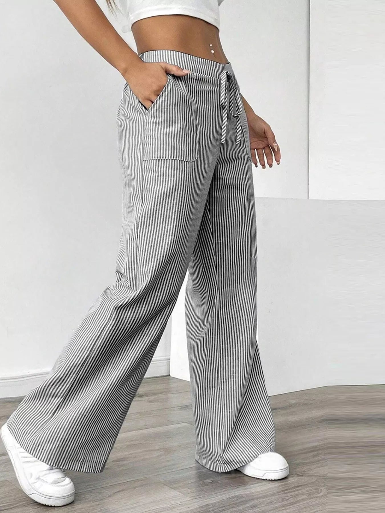 Striped Wide Leg Pants - MAD RUFFI