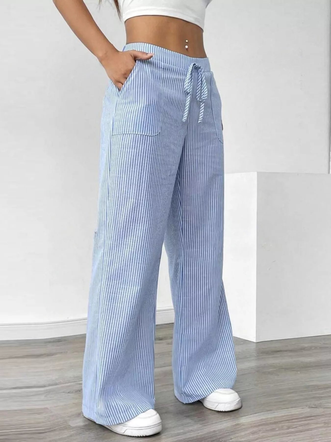 Striped Wide Leg Pants - MAD RUFFI