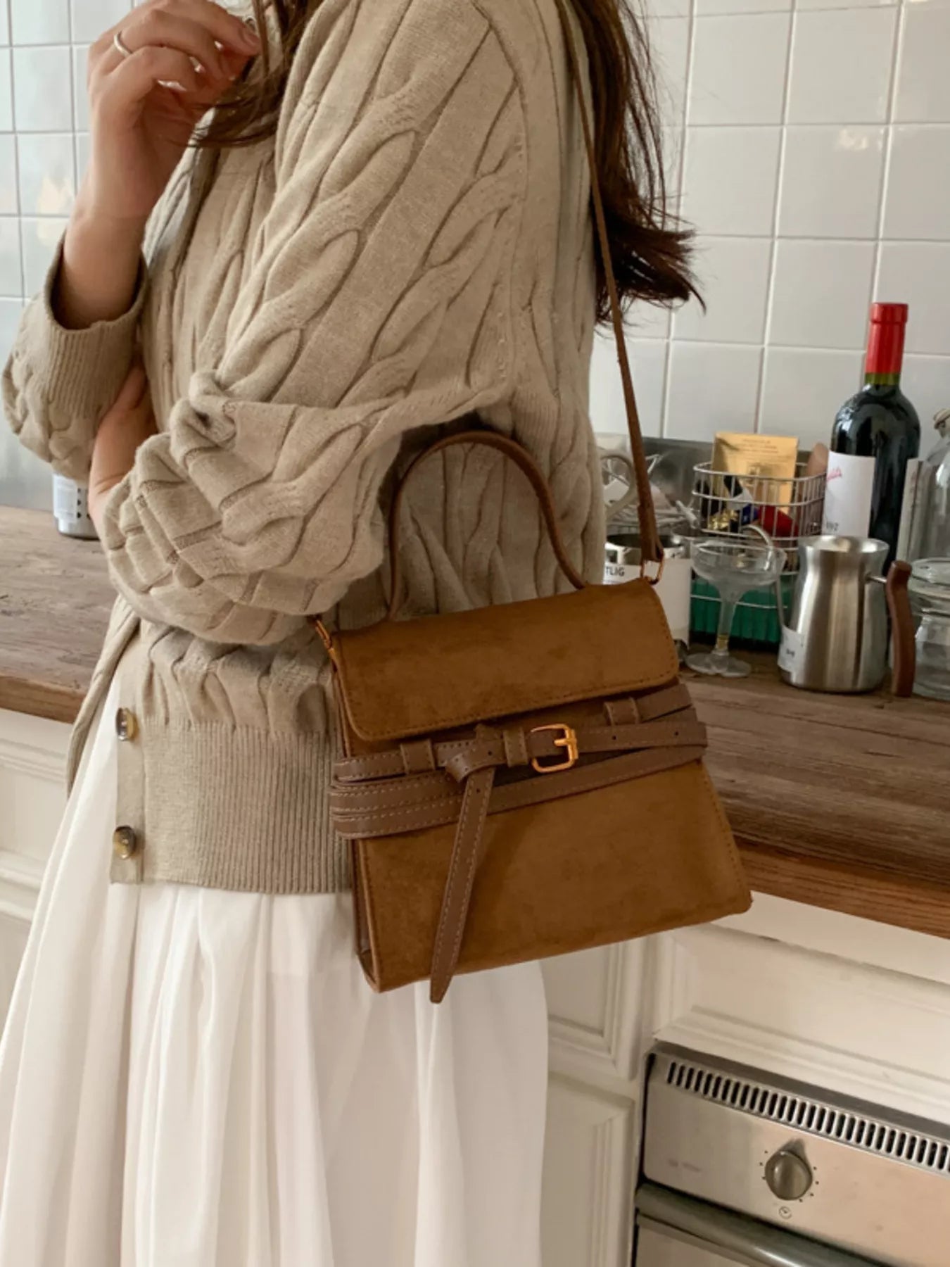 Suede Buckle Decor Crossbody Bag - MAD RUFFI