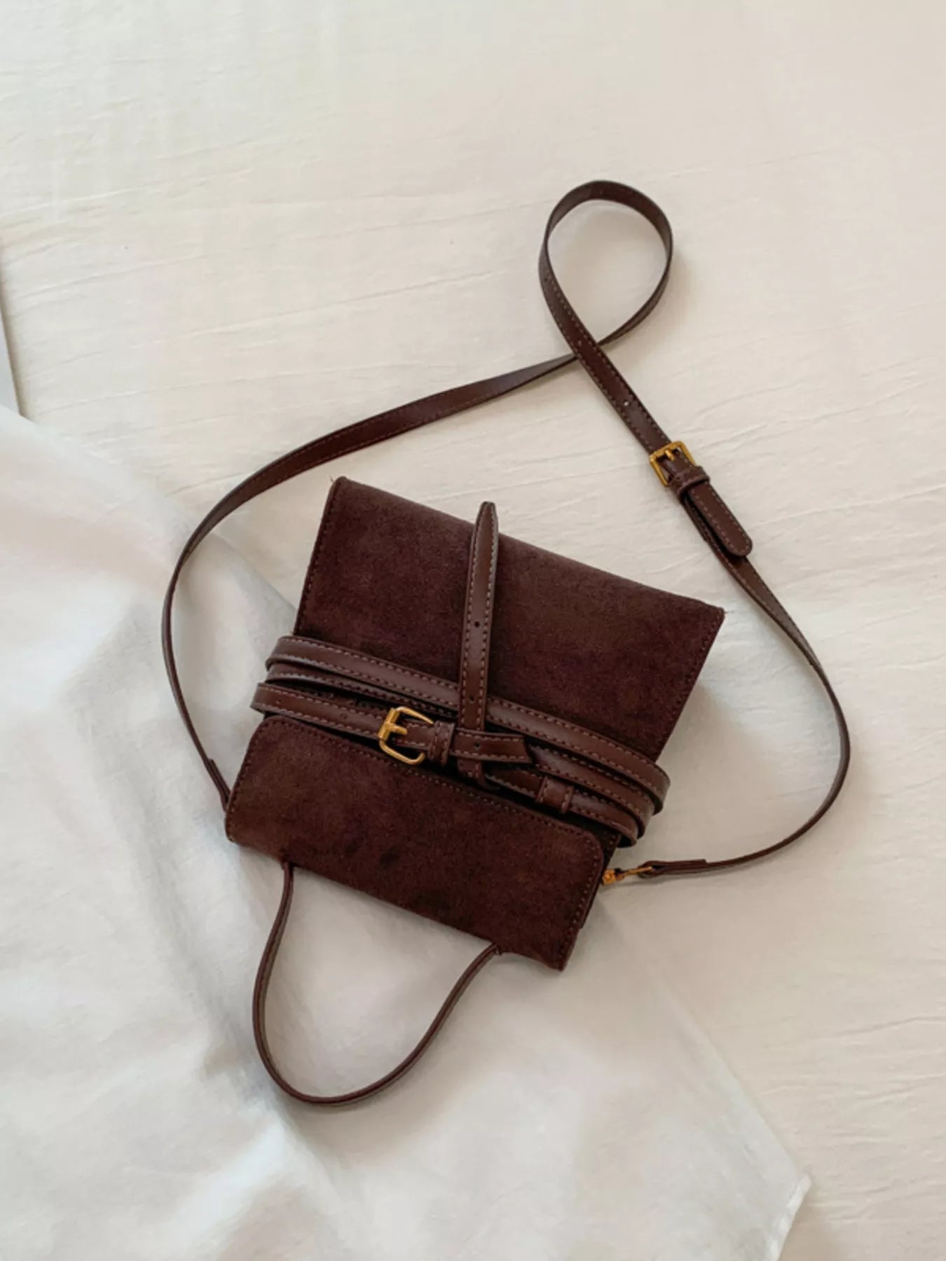 Suede Buckle Decor Crossbody Bag - MAD RUFFI