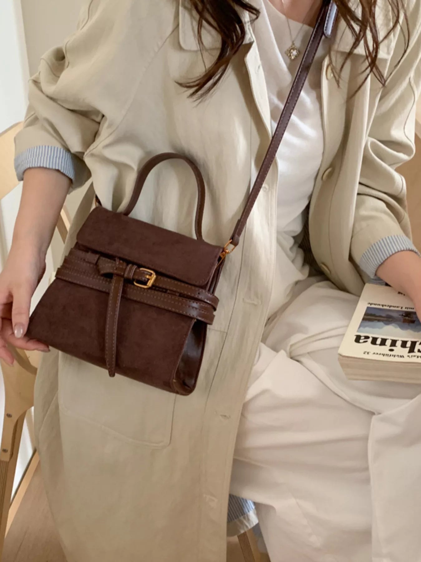 Suede Buckle Decor Crossbody Bag - MAD RUFFI