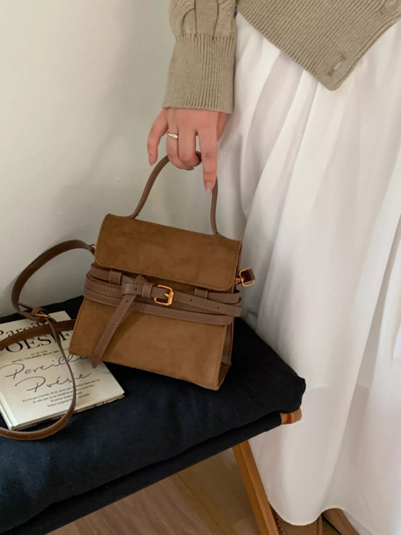 Suede Buckle Decor Crossbody Bag - MAD RUFFI