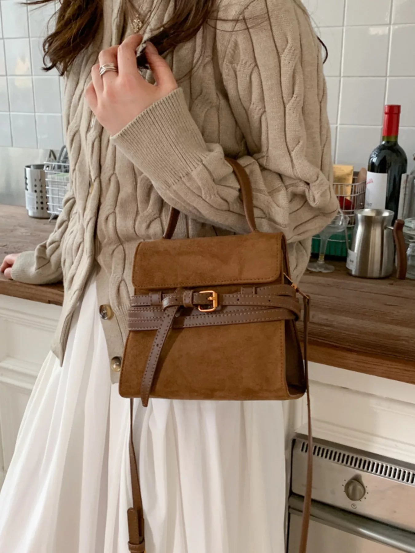 Suede Buckle Decor Crossbody Bag - MAD RUFFI