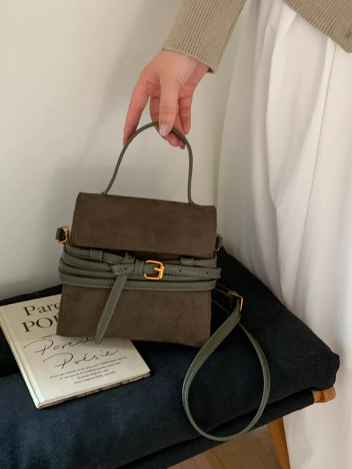 Suede Buckle Decor Crossbody Bag - MAD RUFFI