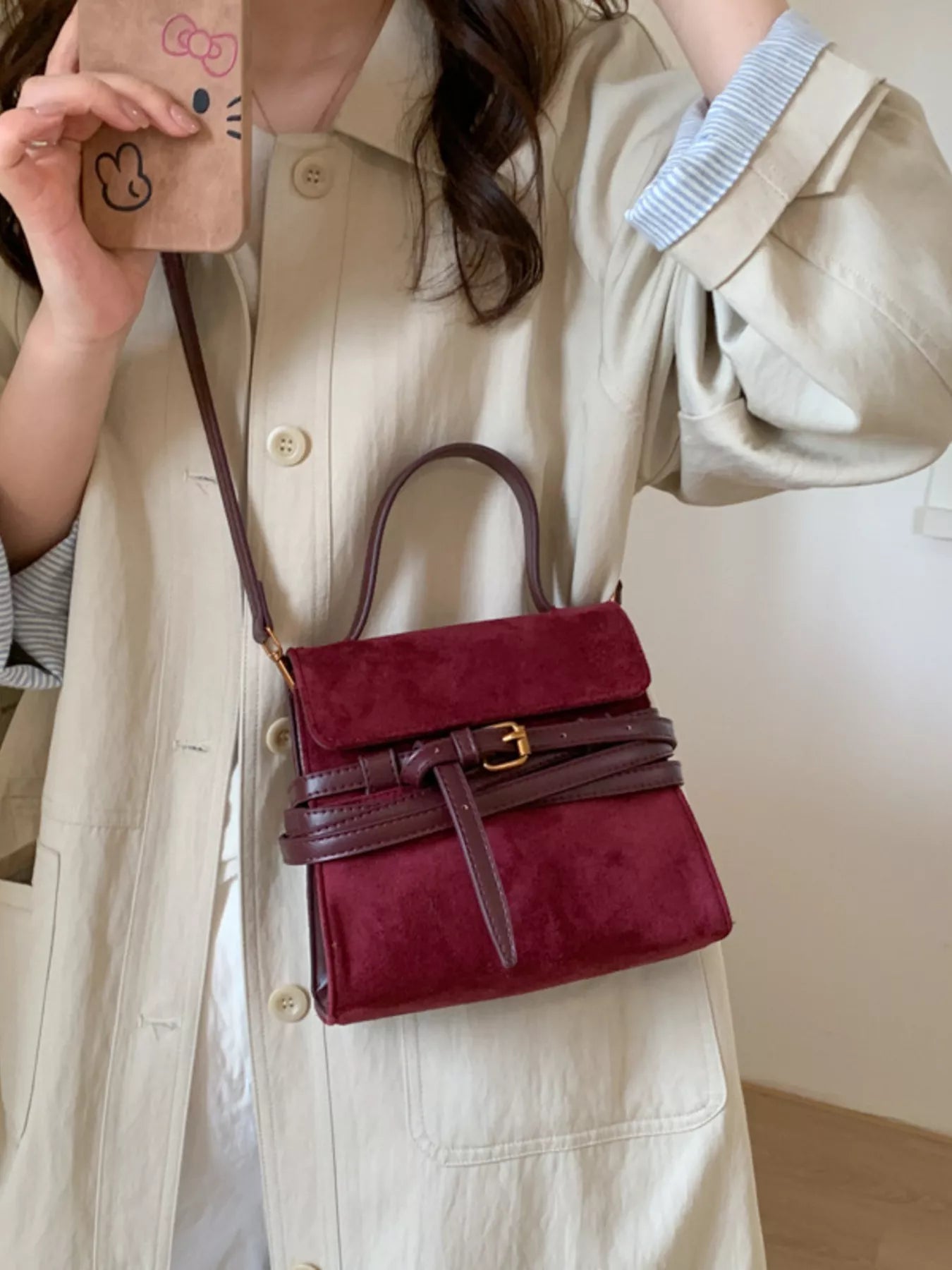 Suede Buckle Decor Crossbody Bag - MAD RUFFI