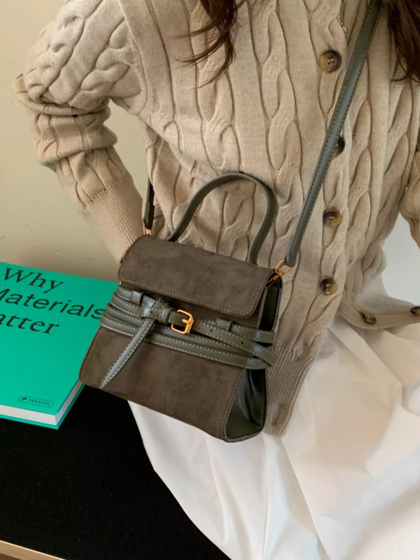 Suede Buckle Decor Crossbody Bag - MAD RUFFI