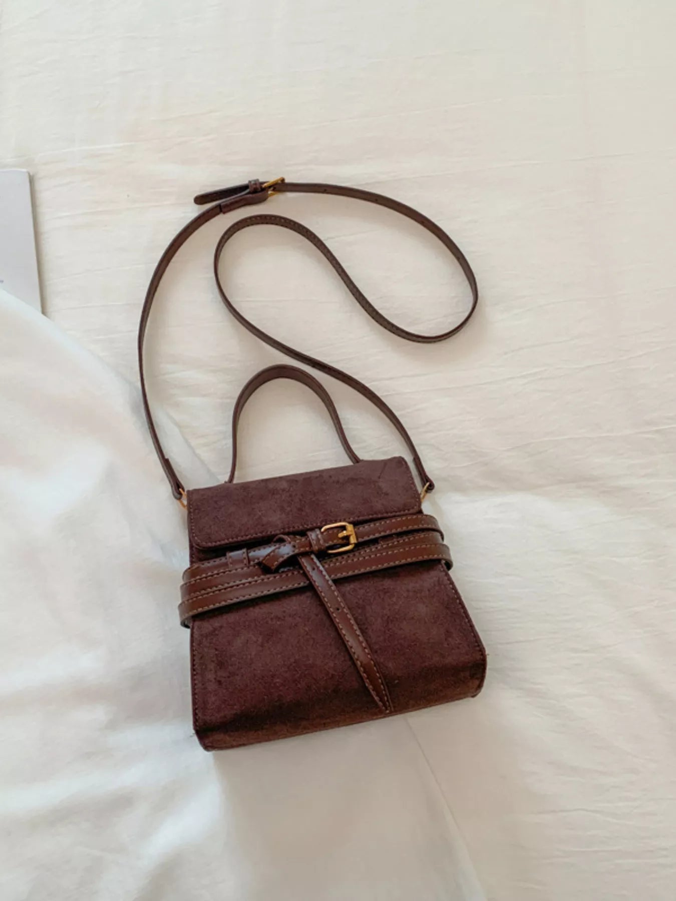 Suede Buckle Decor Crossbody Bag - MAD RUFFI