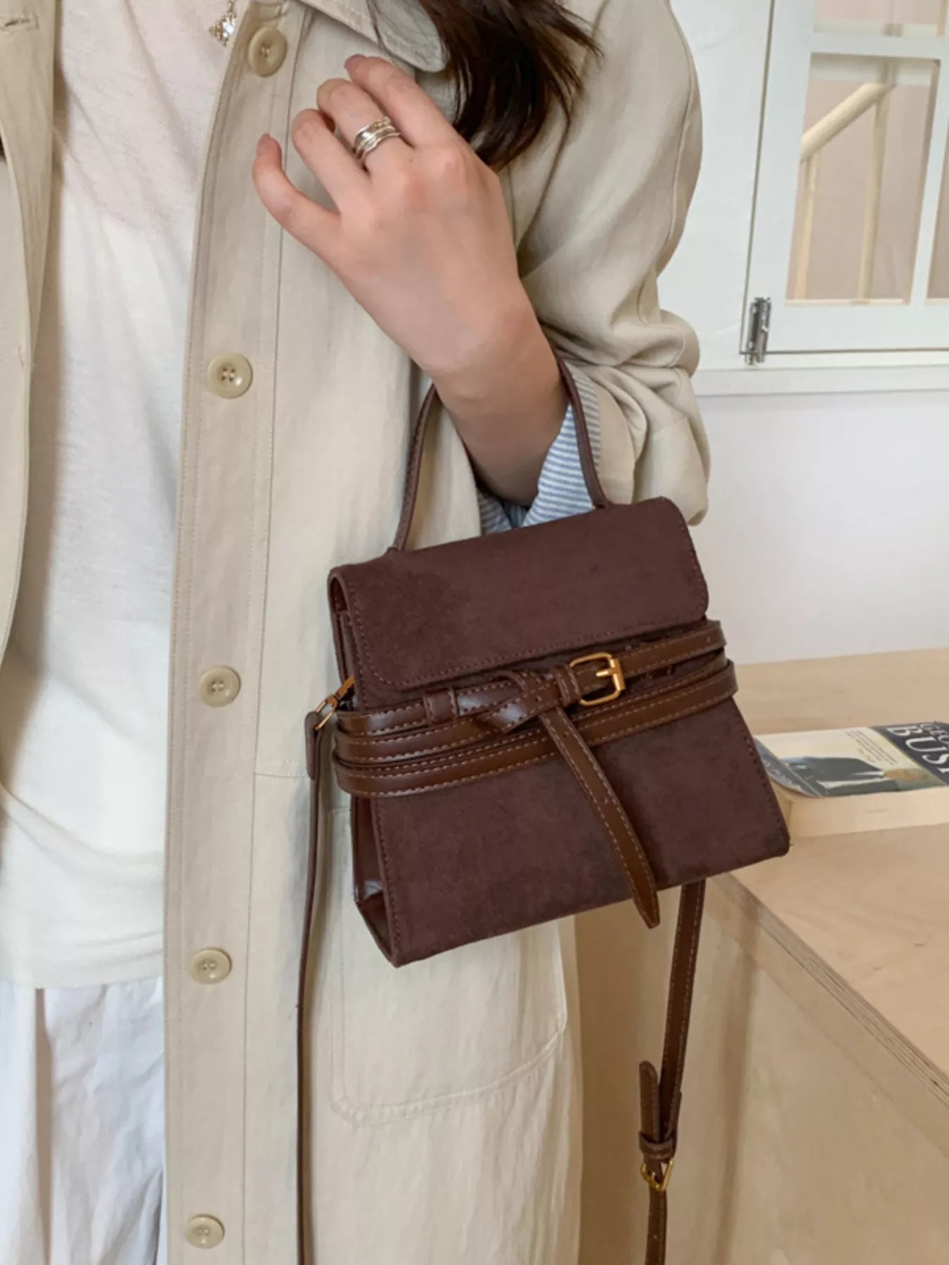 Suede Buckle Decor Crossbody Bag - MAD RUFFI