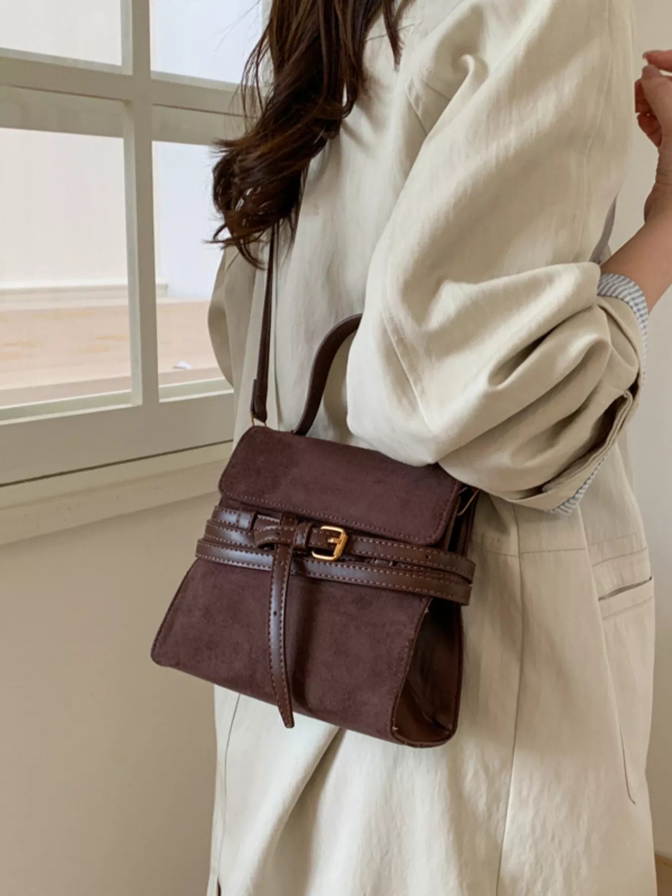 Suede Buckle Decor Crossbody Bag - MAD RUFFI