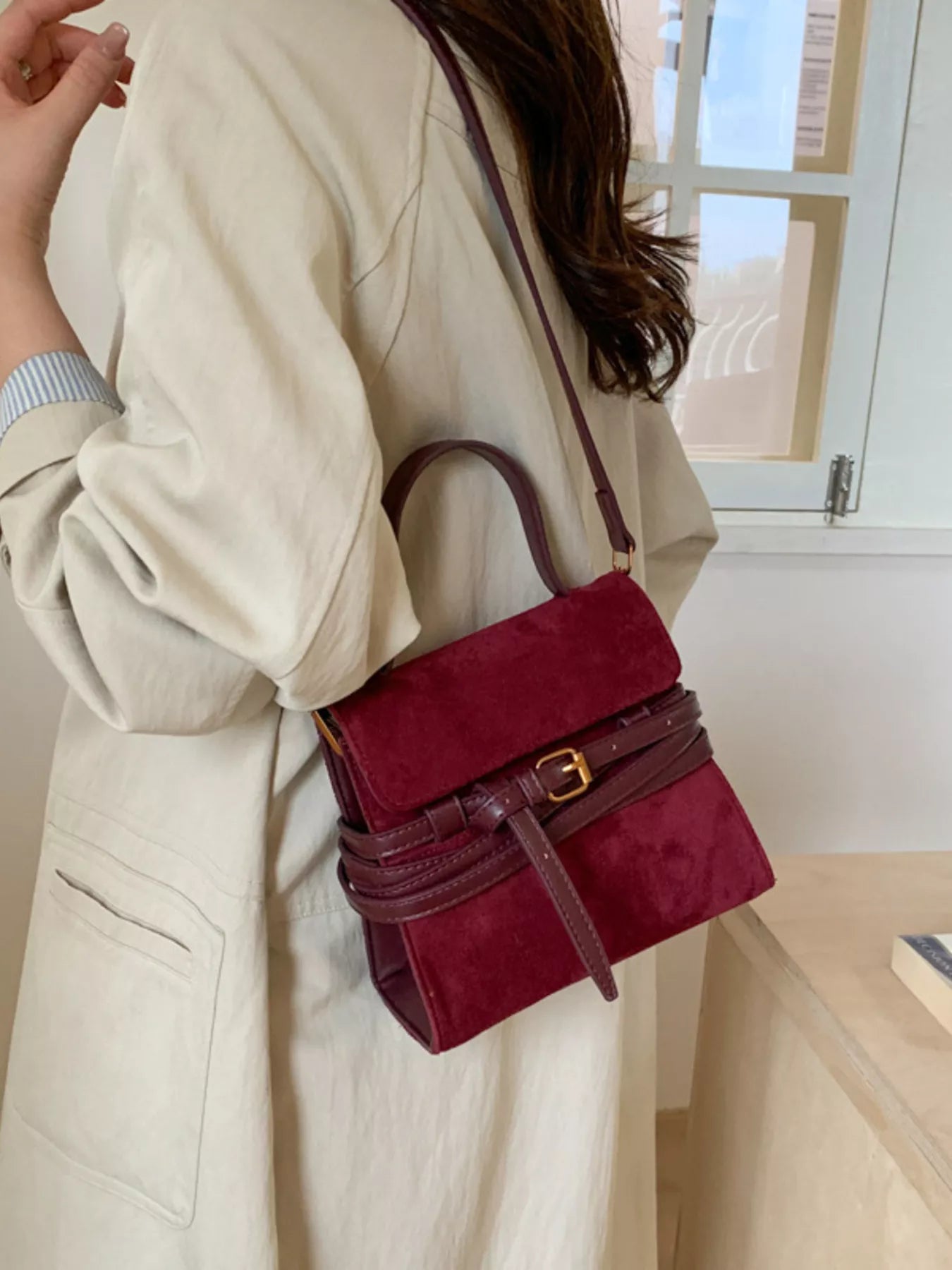 Suede Buckle Decor Crossbody Bag - MAD RUFFI