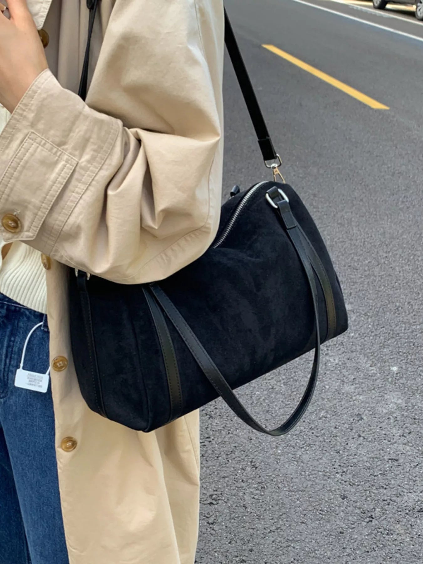 Suede Crossbody Bag with Zipper - MAD RUFFI