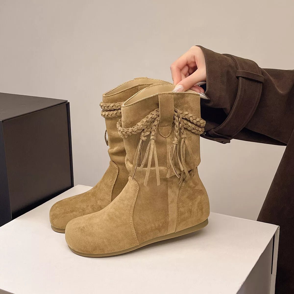 Suede Fringe Round Toe Boots - MAD RUFFI