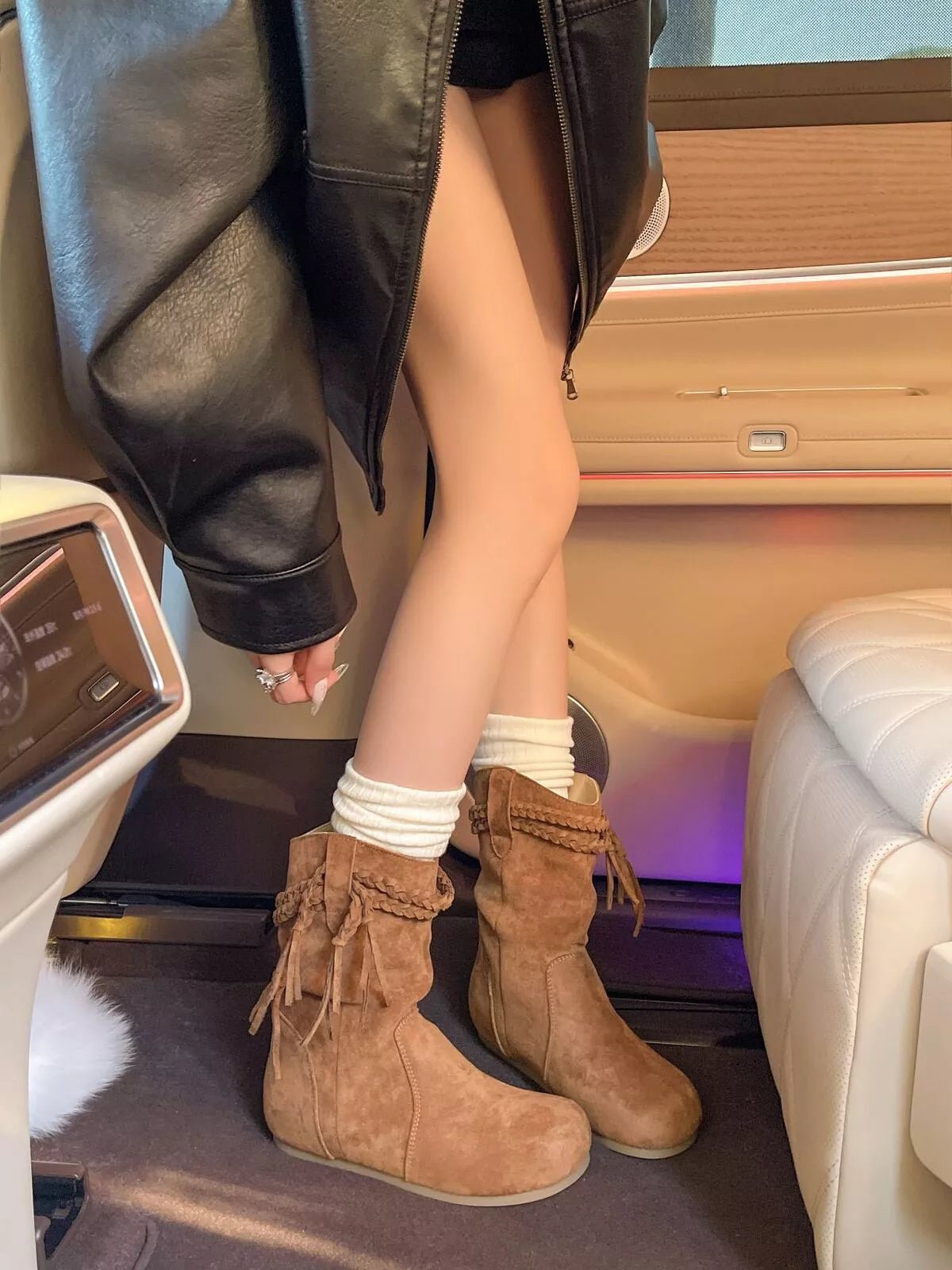 Suede Fringe Round Toe Boots - MAD RUFFI