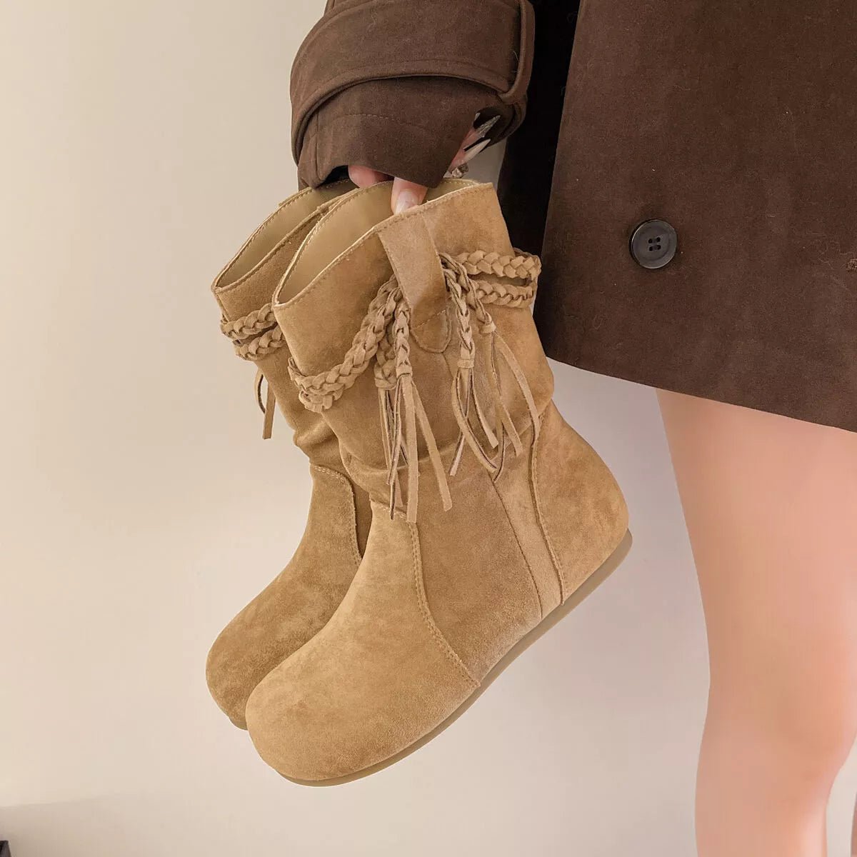 Suede Fringe Round Toe Boots - MAD RUFFI