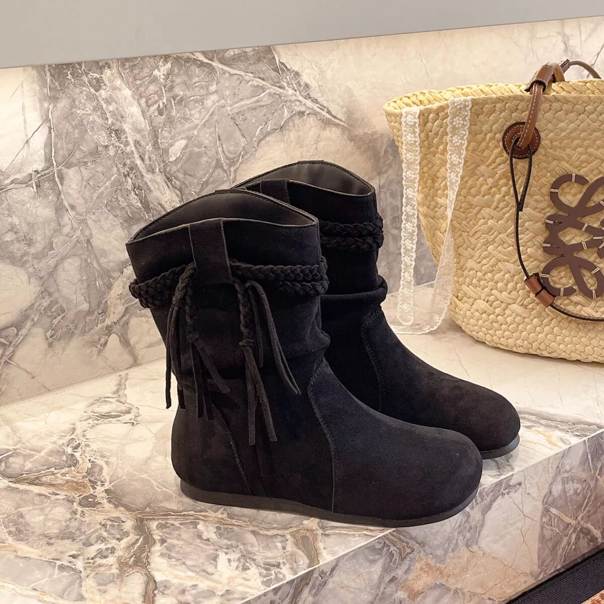 Suede Fringe Round Toe Boots - MAD RUFFI