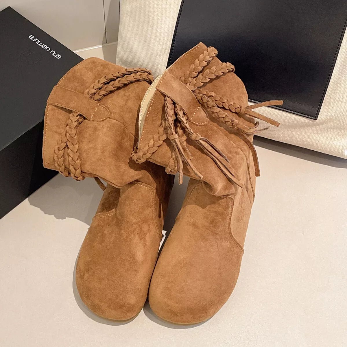 Suede Fringe Round Toe Boots - MAD RUFFI