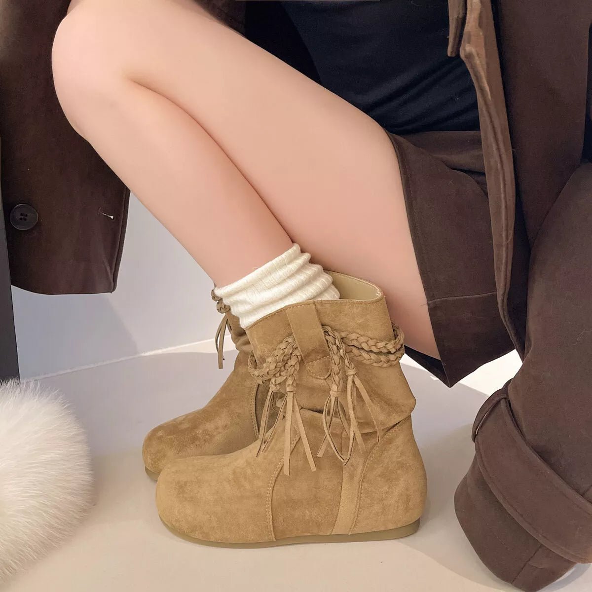 Suede Fringe Round Toe Boots - MAD RUFFI