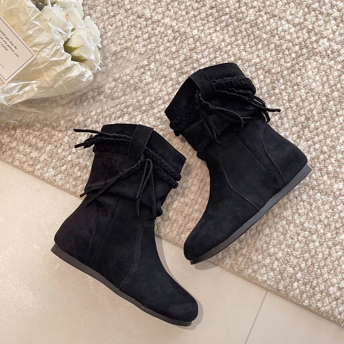 Suede Fringe Round Toe Boots - MAD RUFFI