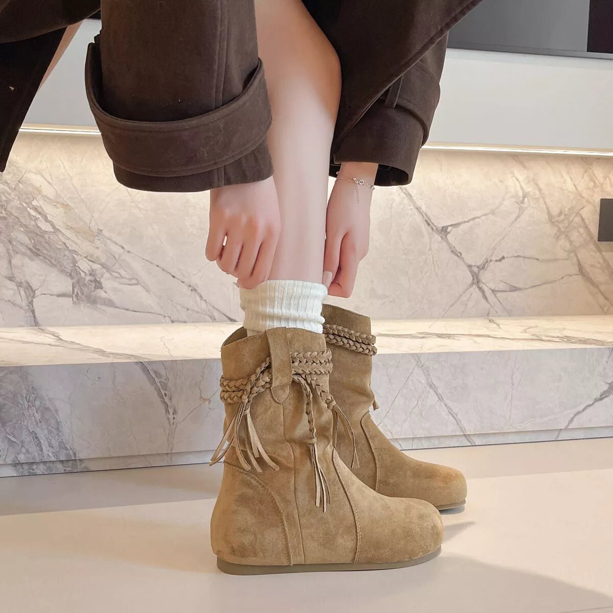 Suede Fringe Round Toe Boots - MAD RUFFI
