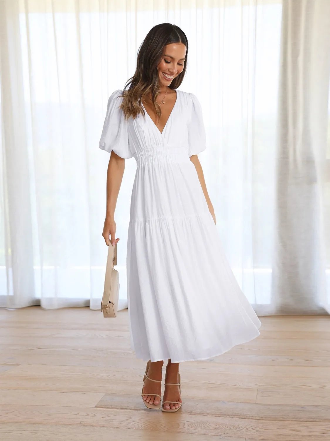 Surplice Half Puff Sleeve Midi Dress - MAD RUFFI