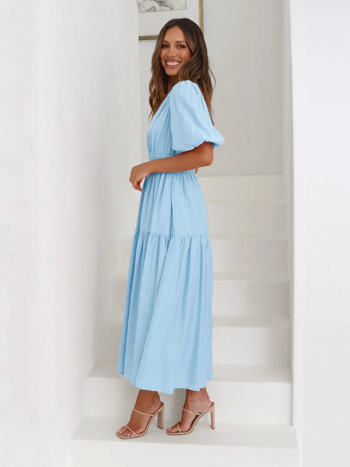 Surplice Half Puff Sleeve Midi Dress - MAD RUFFI