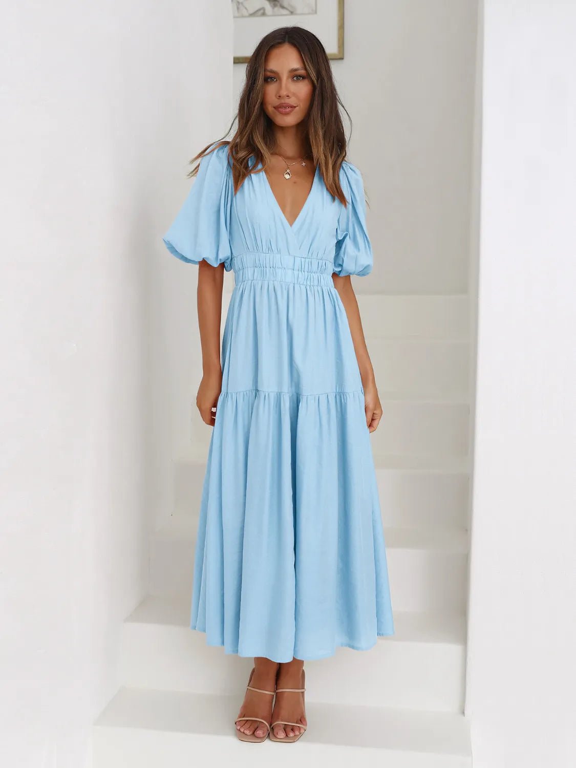Surplice Half Puff Sleeve Midi Dress - MAD RUFFI
