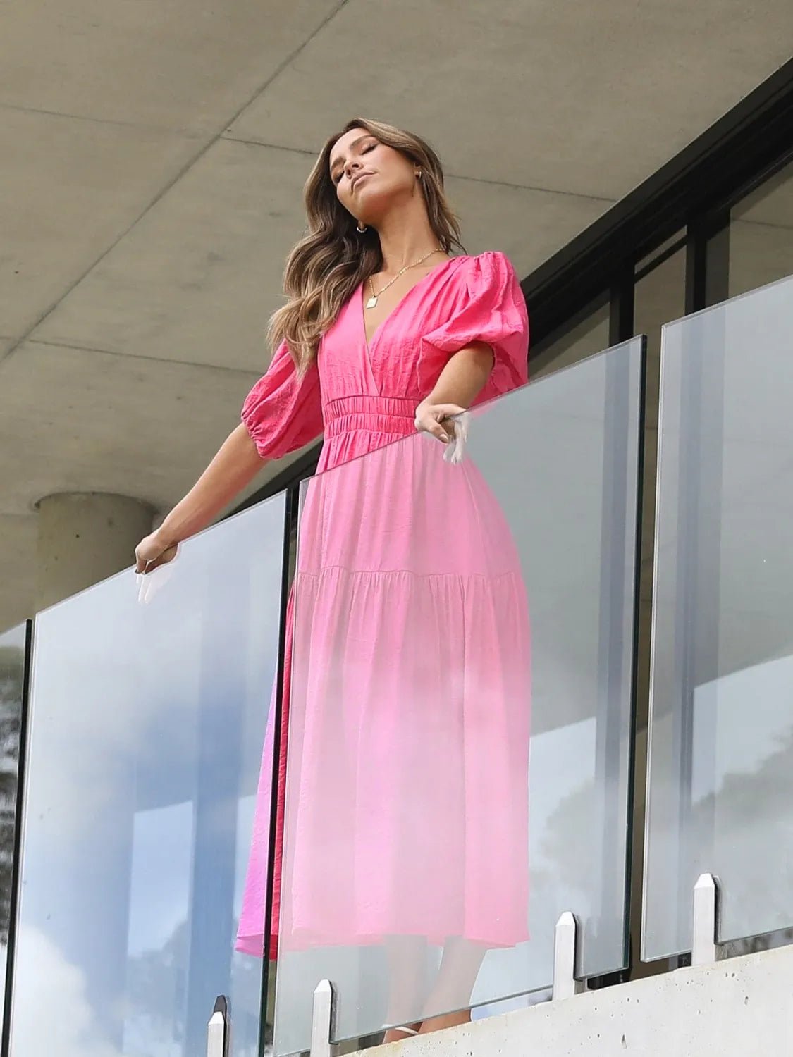 Surplice Half Puff Sleeve Midi Dress - MAD RUFFI