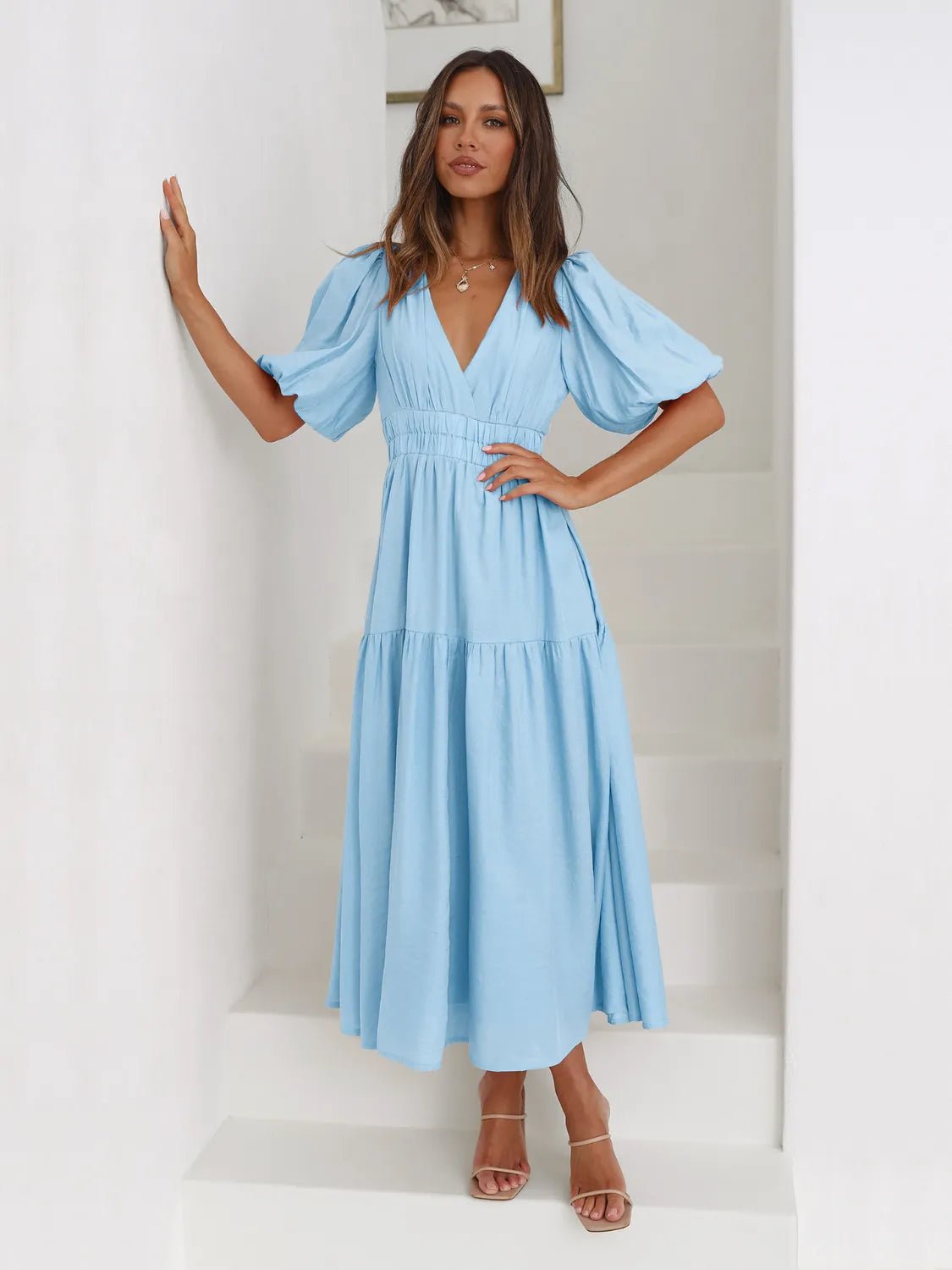 Surplice Half Puff Sleeve Midi Dress - MAD RUFFI