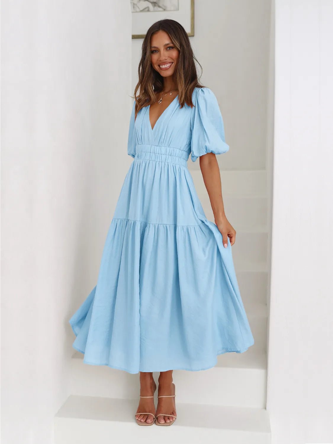 Surplice Half Puff Sleeve Midi Dress - MAD RUFFI