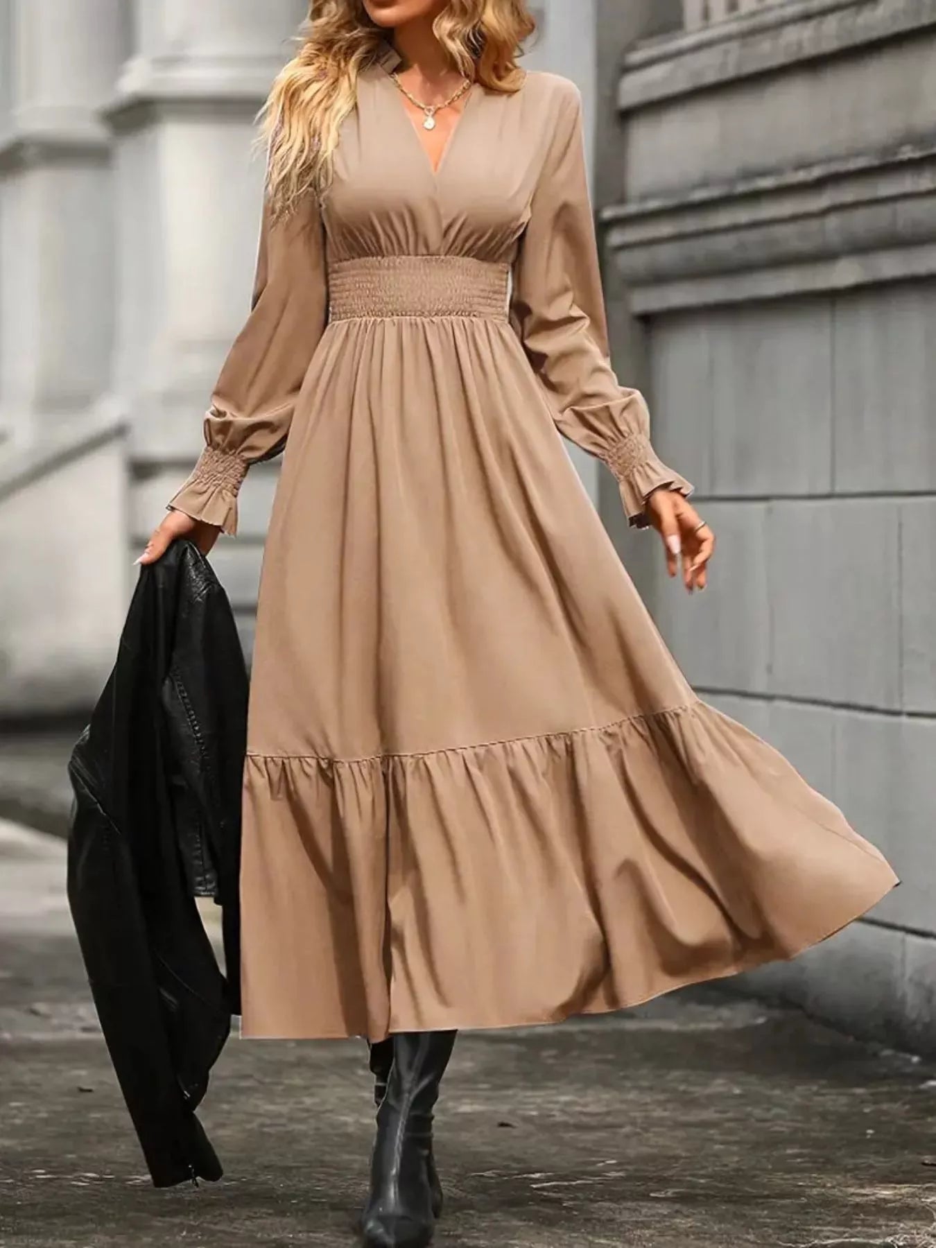 Surplice Long Sleeve Tiered Midi Dress - MAD RUFFI