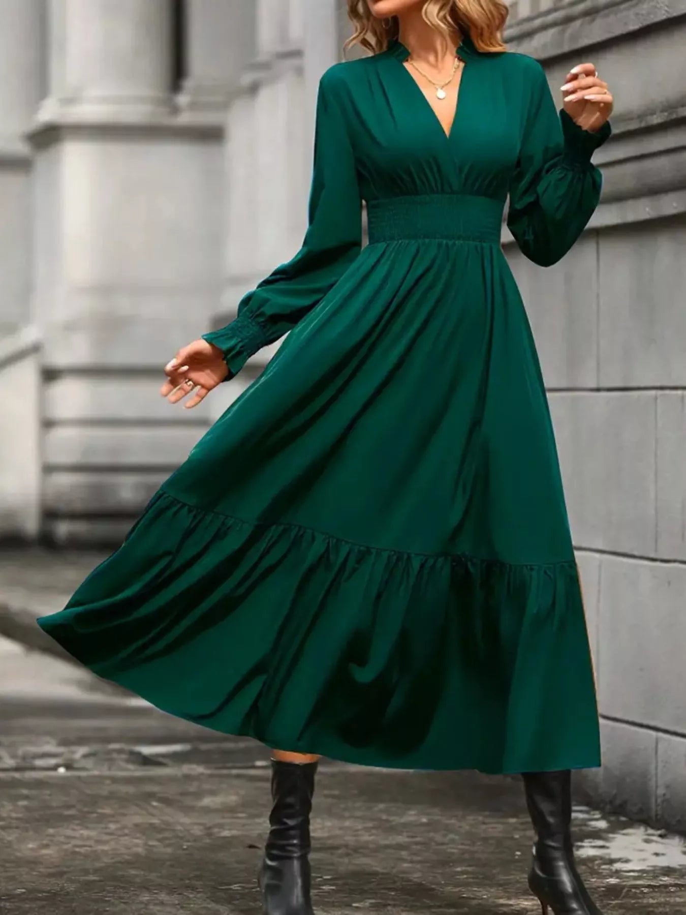 Surplice Long Sleeve Tiered Midi Dress - MAD RUFFI