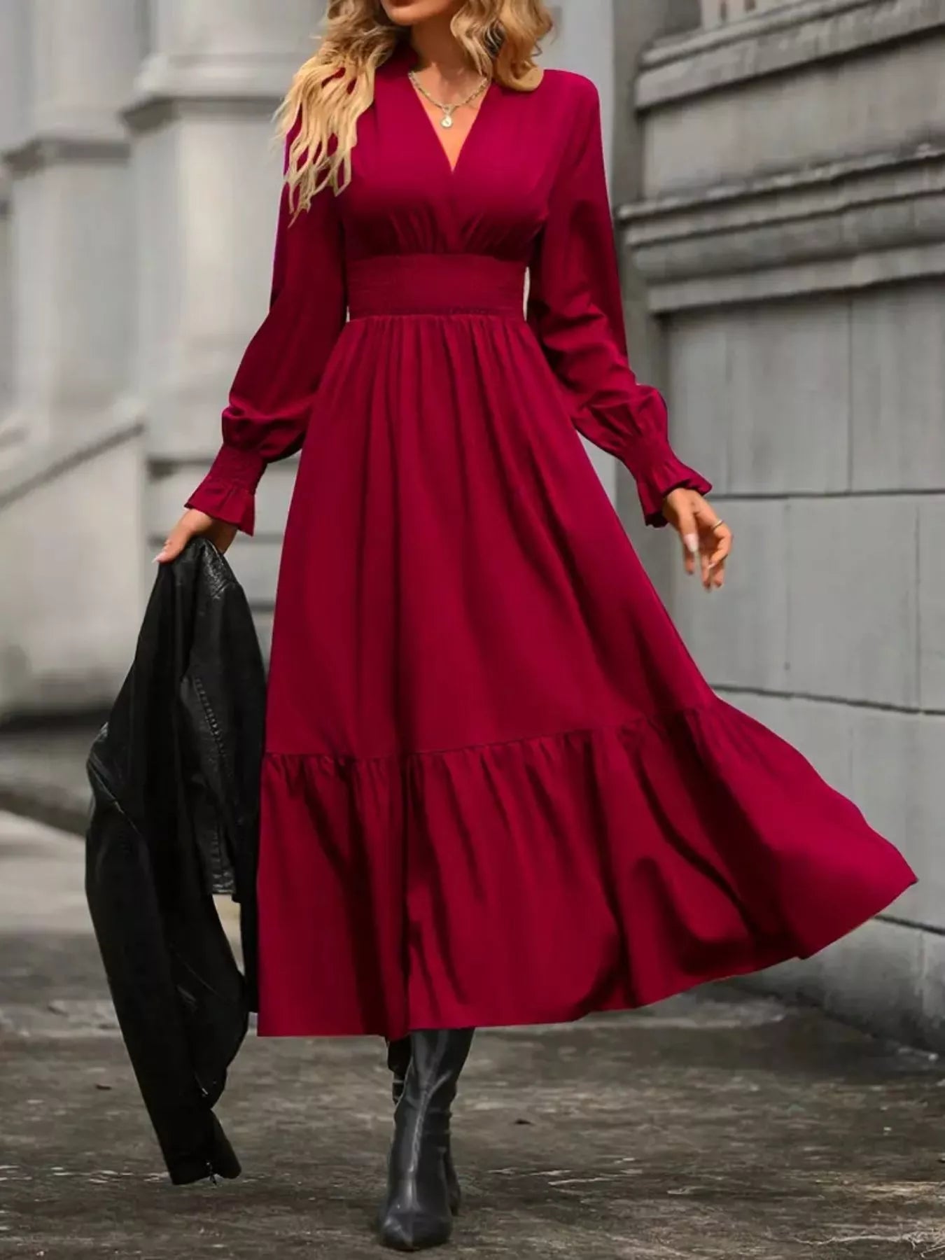 Surplice Long Sleeve Tiered Midi Dress - MAD RUFFI