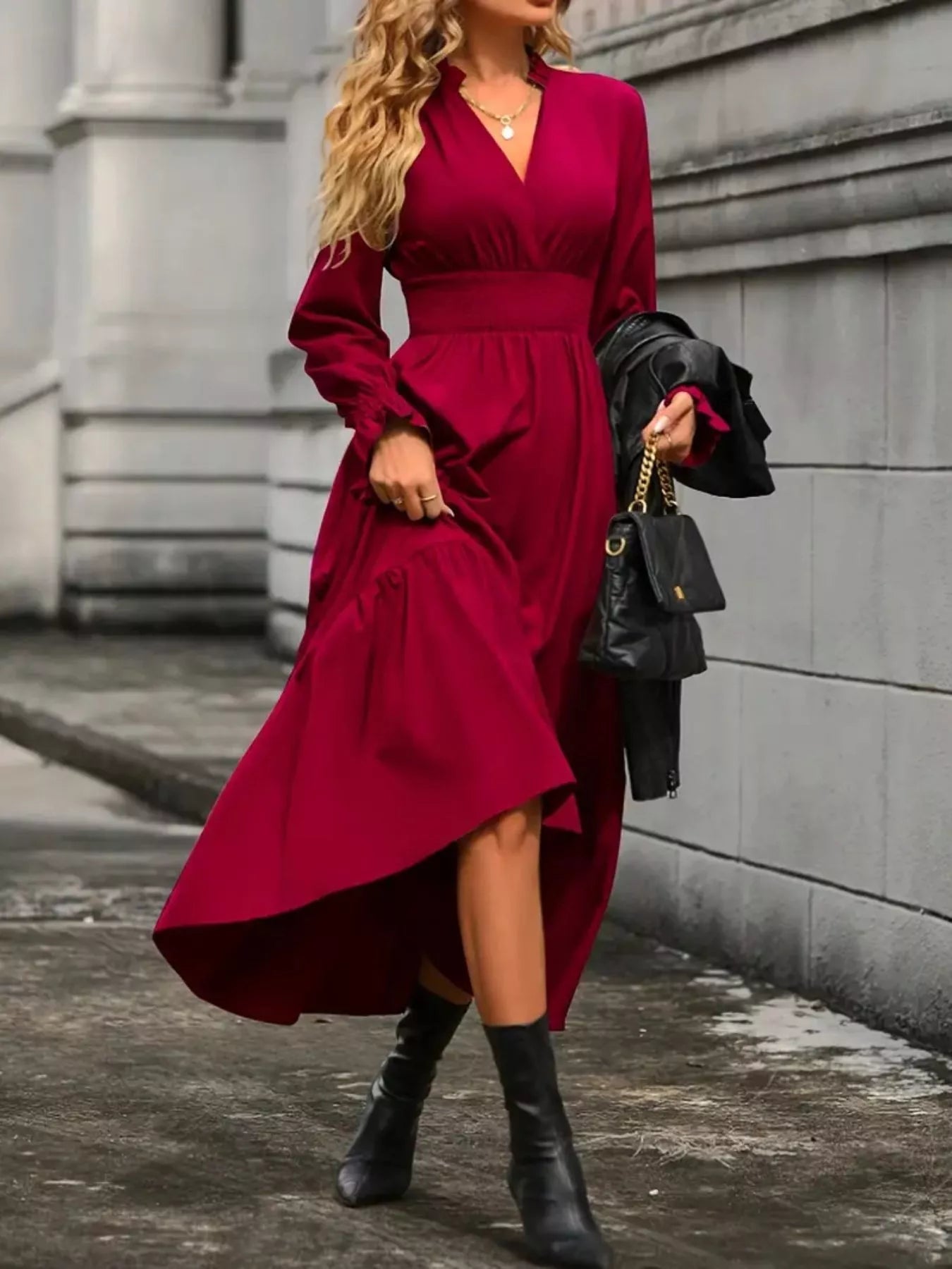 Surplice Long Sleeve Tiered Midi Dress - MAD RUFFI
