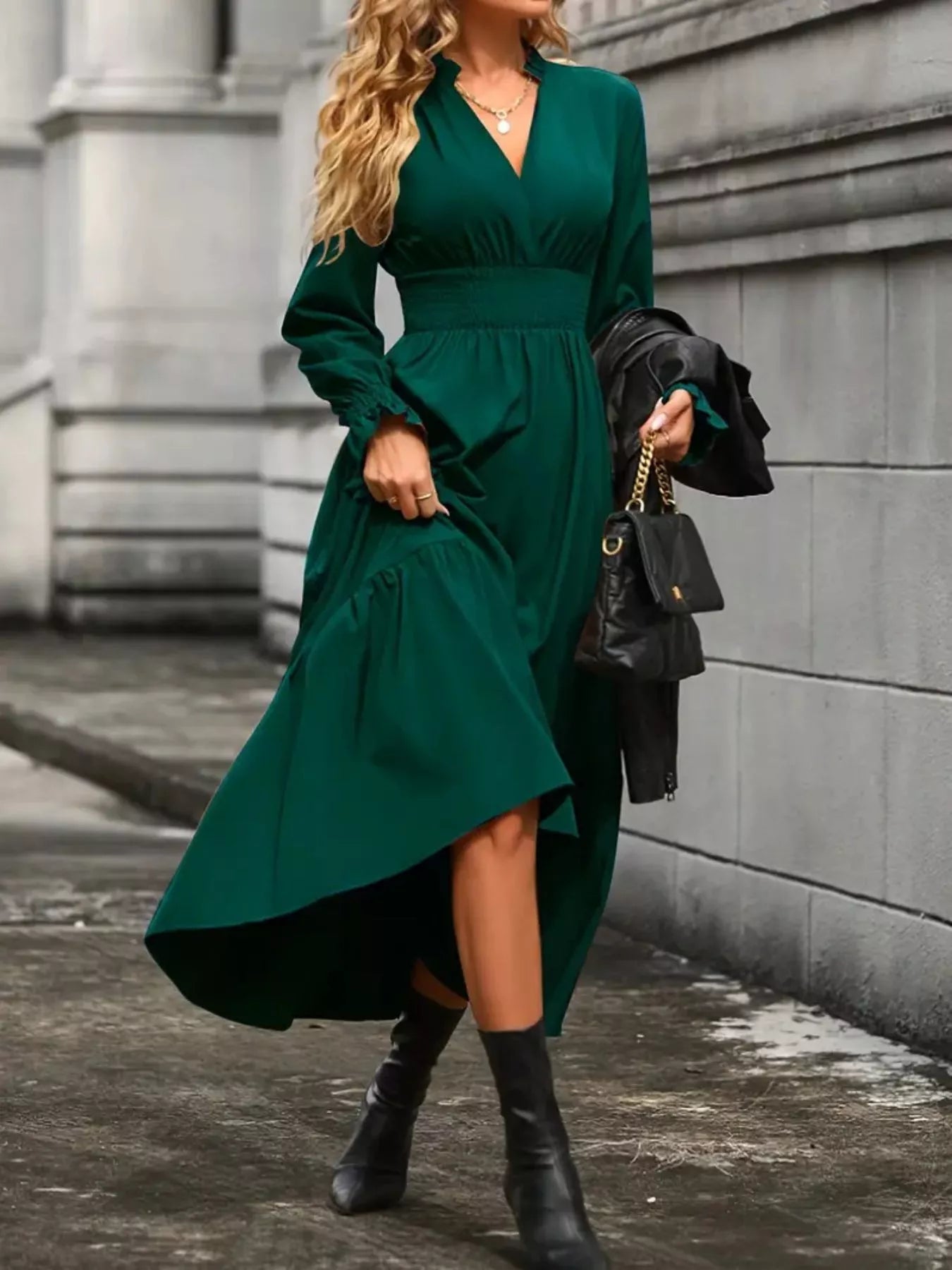 Surplice Long Sleeve Tiered Midi Dress - MAD RUFFI