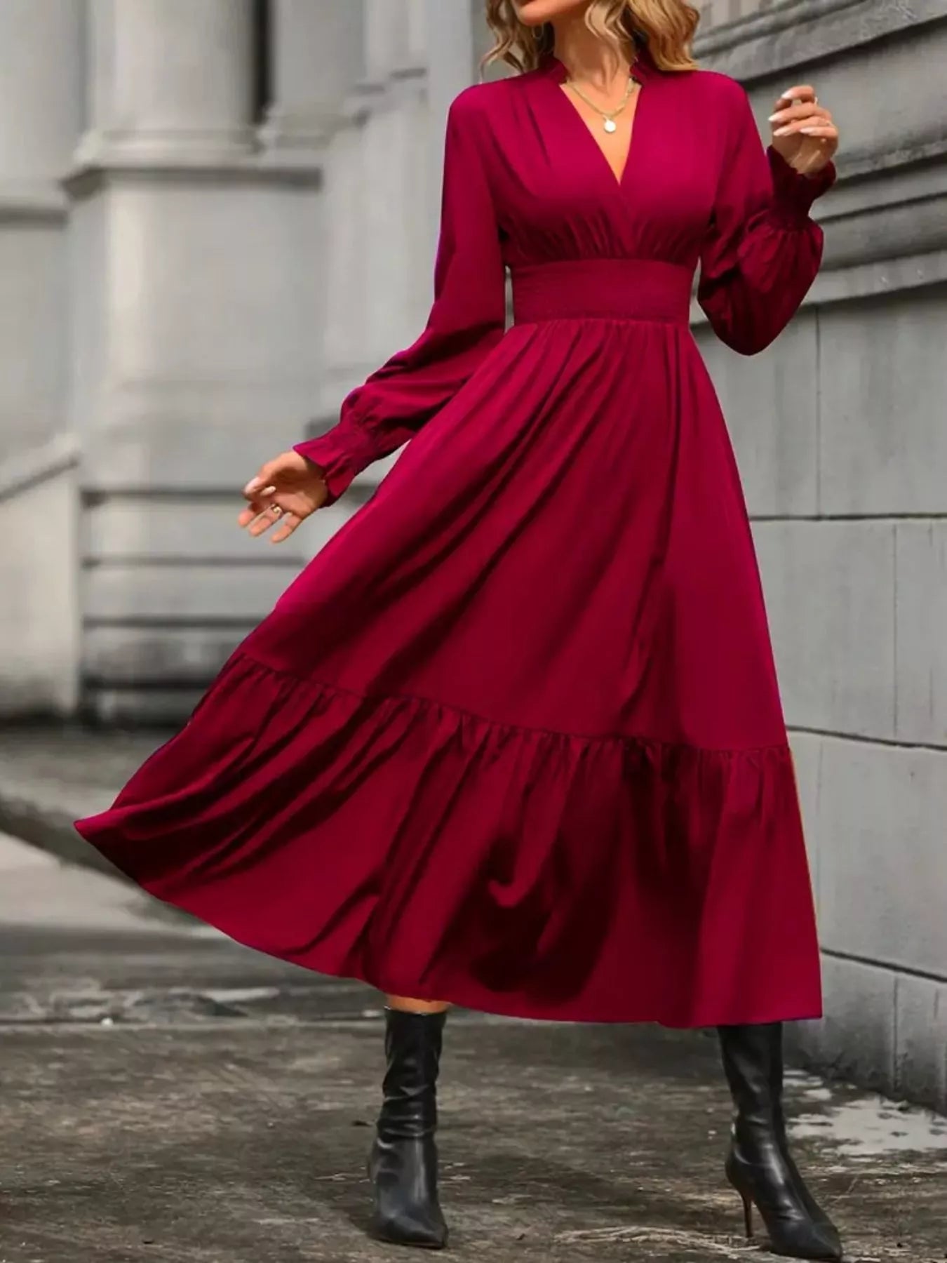 Surplice Long Sleeve Tiered Midi Dress - MAD RUFFI