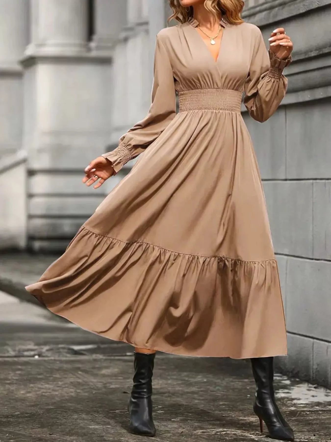 Surplice Long Sleeve Tiered Midi Dress - MAD RUFFI