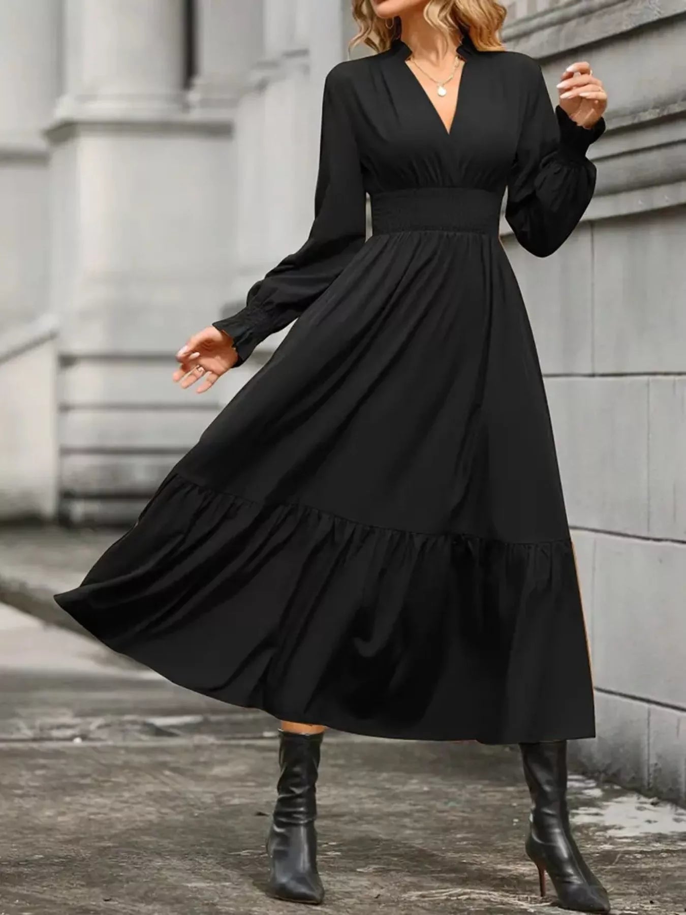 Surplice Long Sleeve Tiered Midi Dress - MAD RUFFI