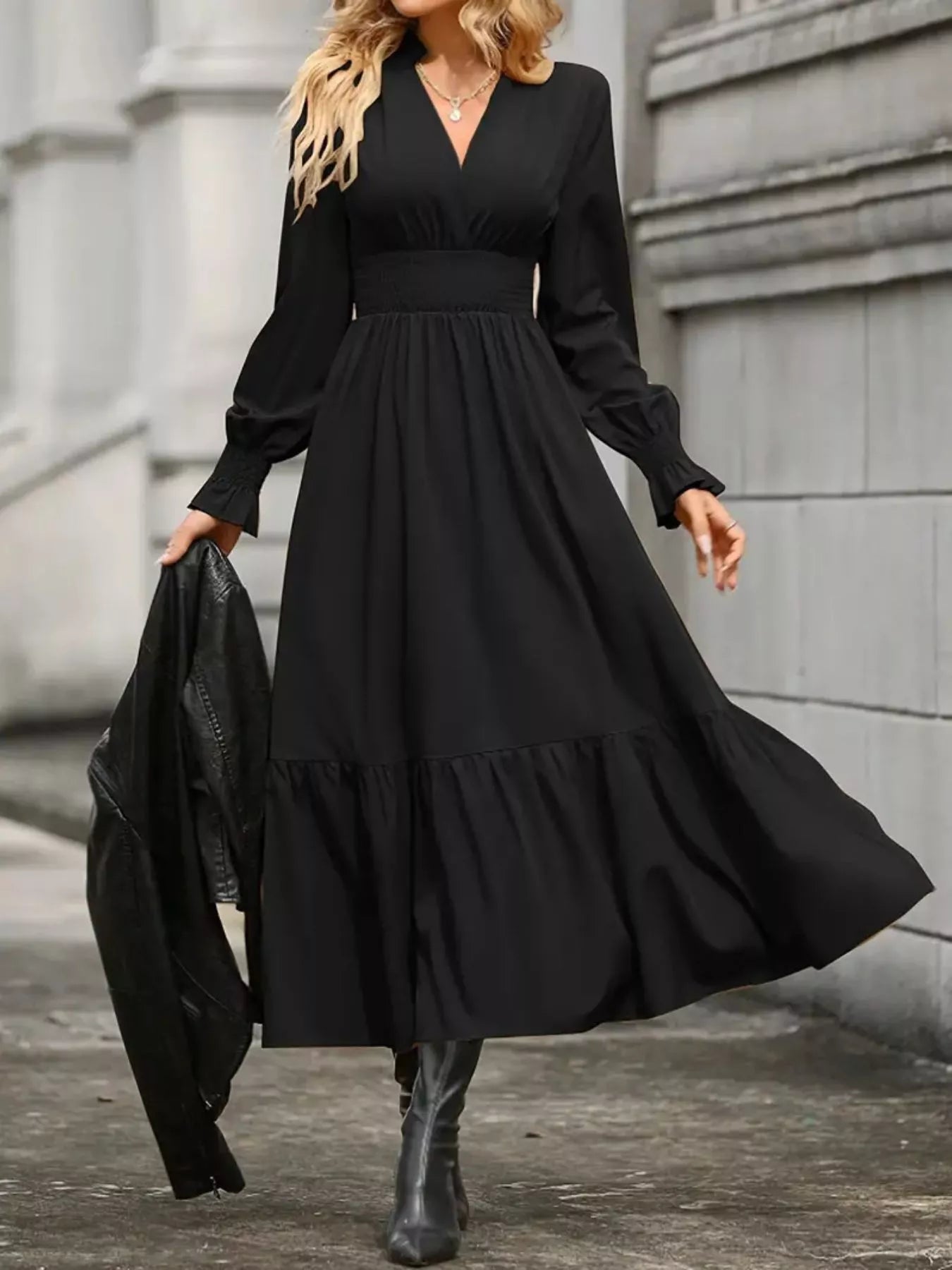 Surplice Long Sleeve Tiered Midi Dress - MAD RUFFI