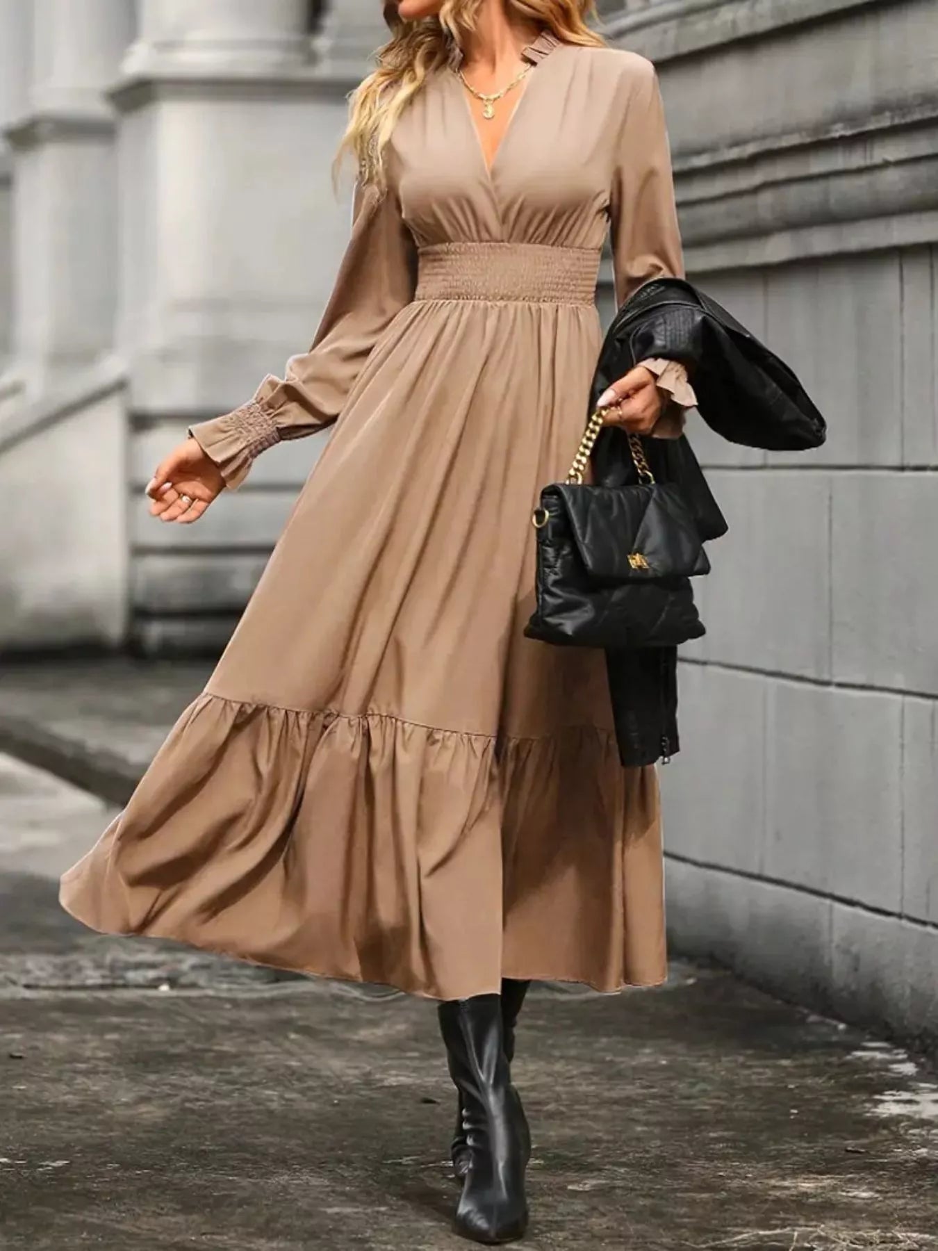 Surplice Long Sleeve Tiered Midi Dress - MAD RUFFI