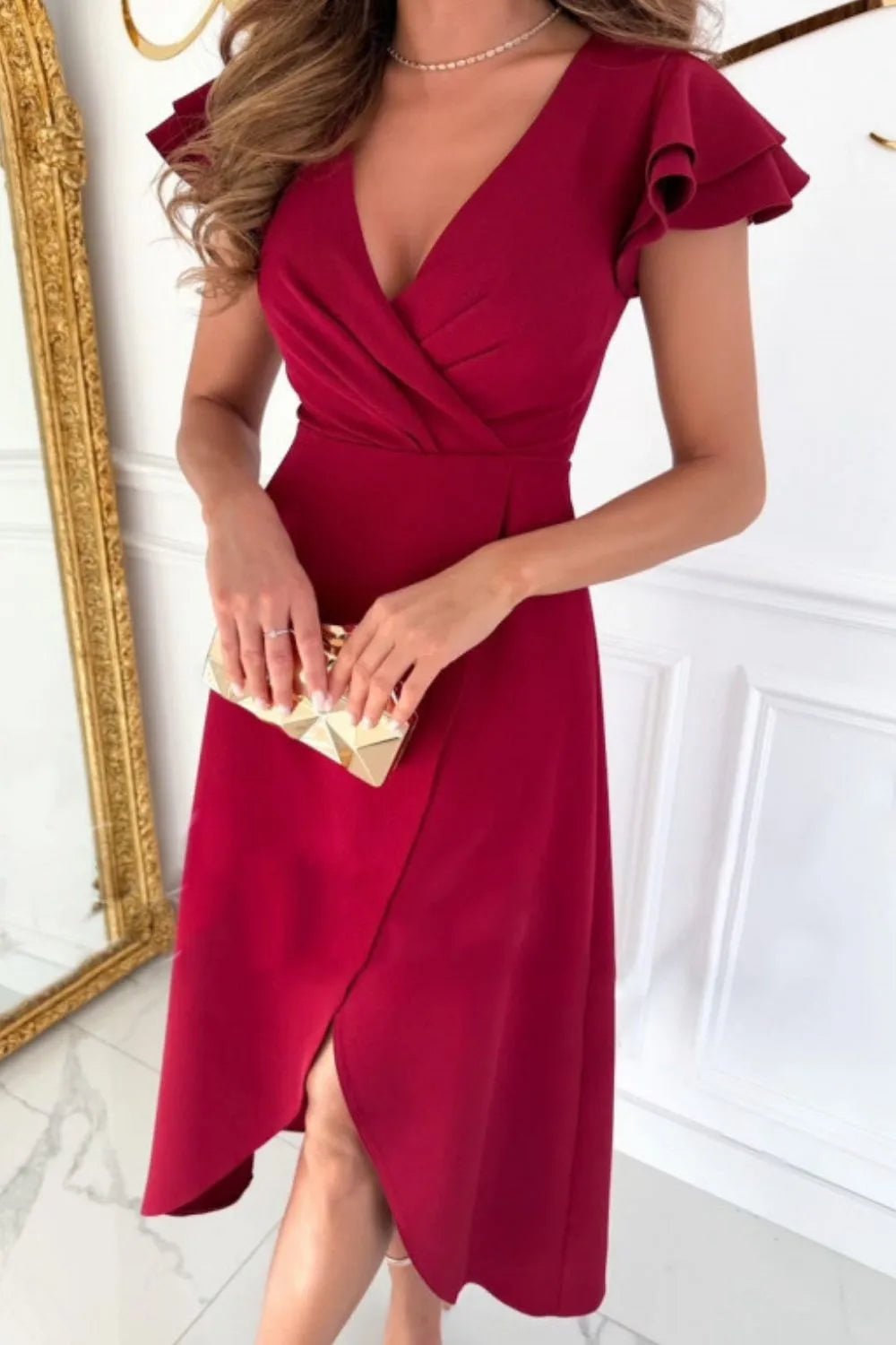 Surplice Ruffled Cap Sleeve Zip Back Dress - MAD RUFFI