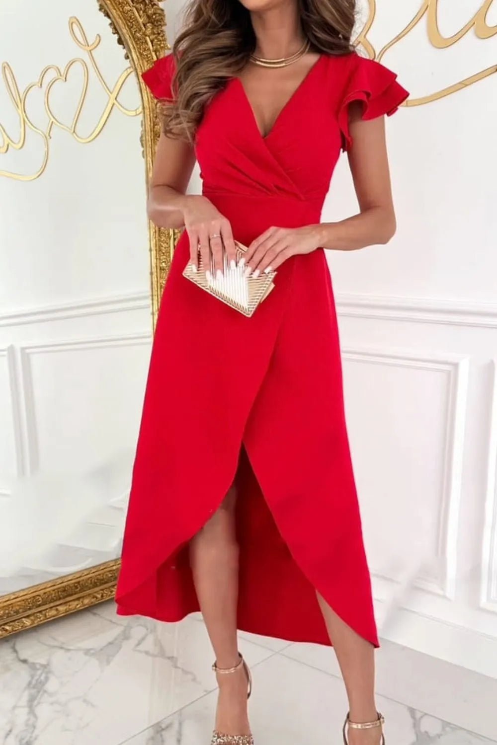 Surplice Ruffled Cap Sleeve Zip Back Dress - MAD RUFFI