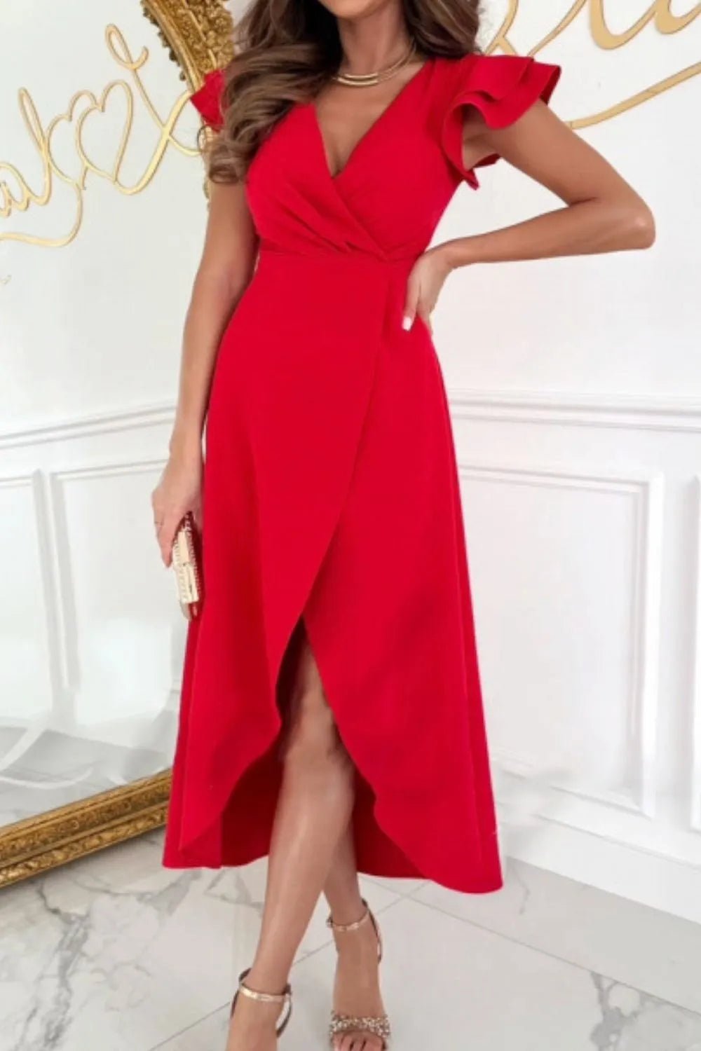 Surplice Ruffled Cap Sleeve Zip Back Dress - MAD RUFFI