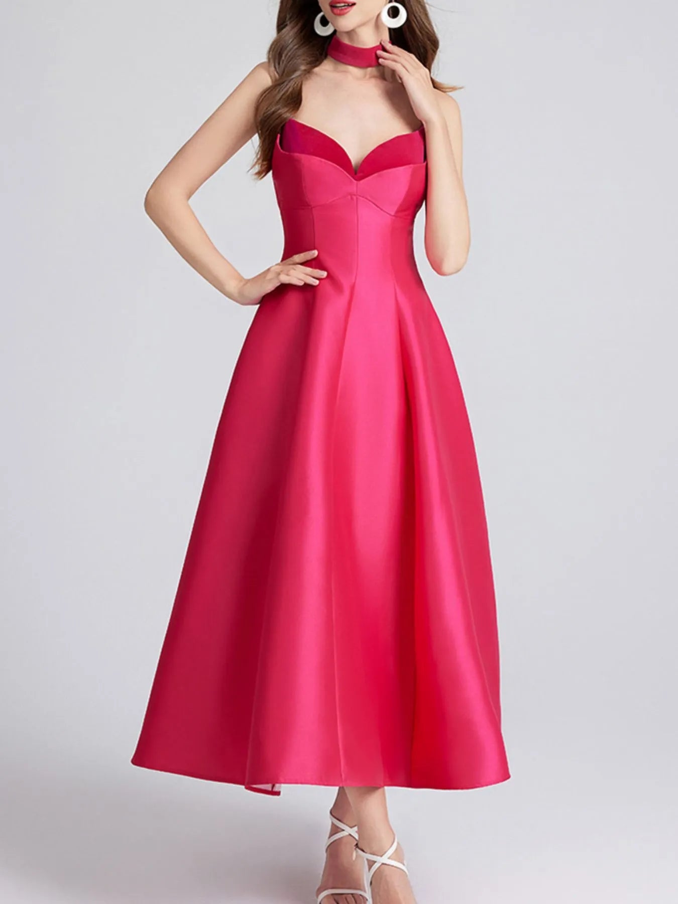 Sweetheart Spaghetti Strap Midi Dress with Collar - MAD RUFFI