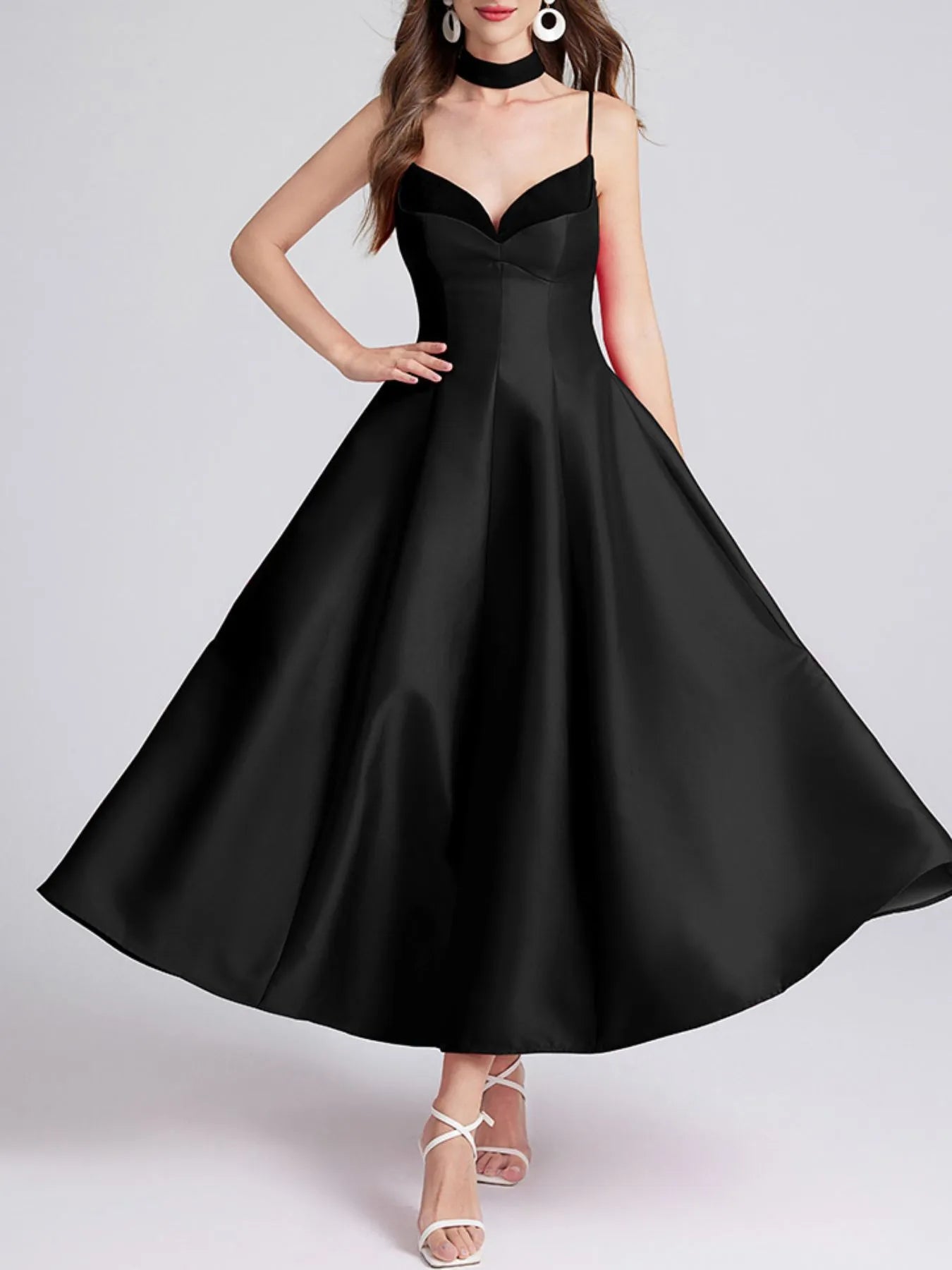 Sweetheart Spaghetti Strap Midi Dress with Collar - MAD RUFFI