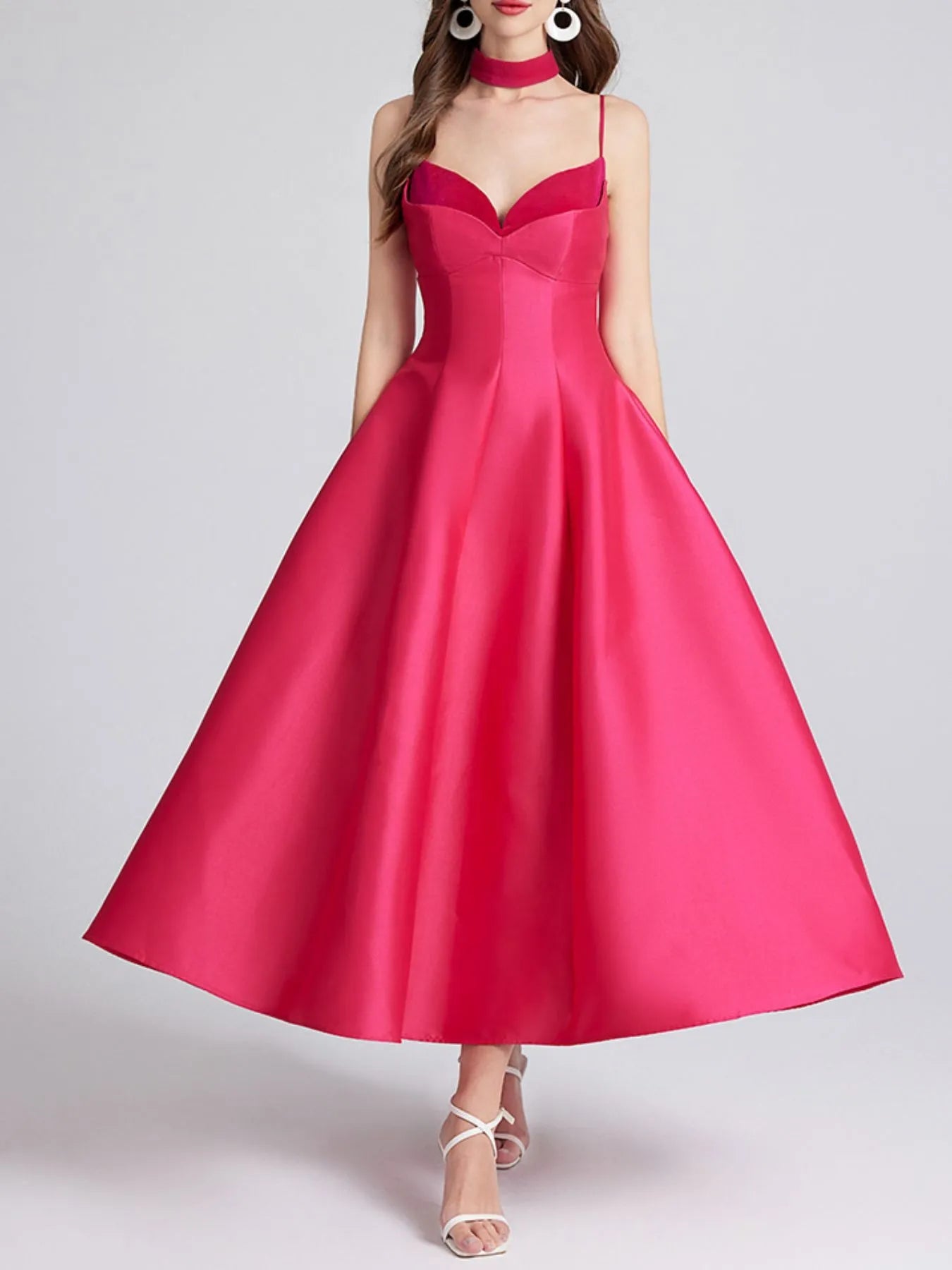 Sweetheart Spaghetti Strap Midi Dress with Collar - MAD RUFFI