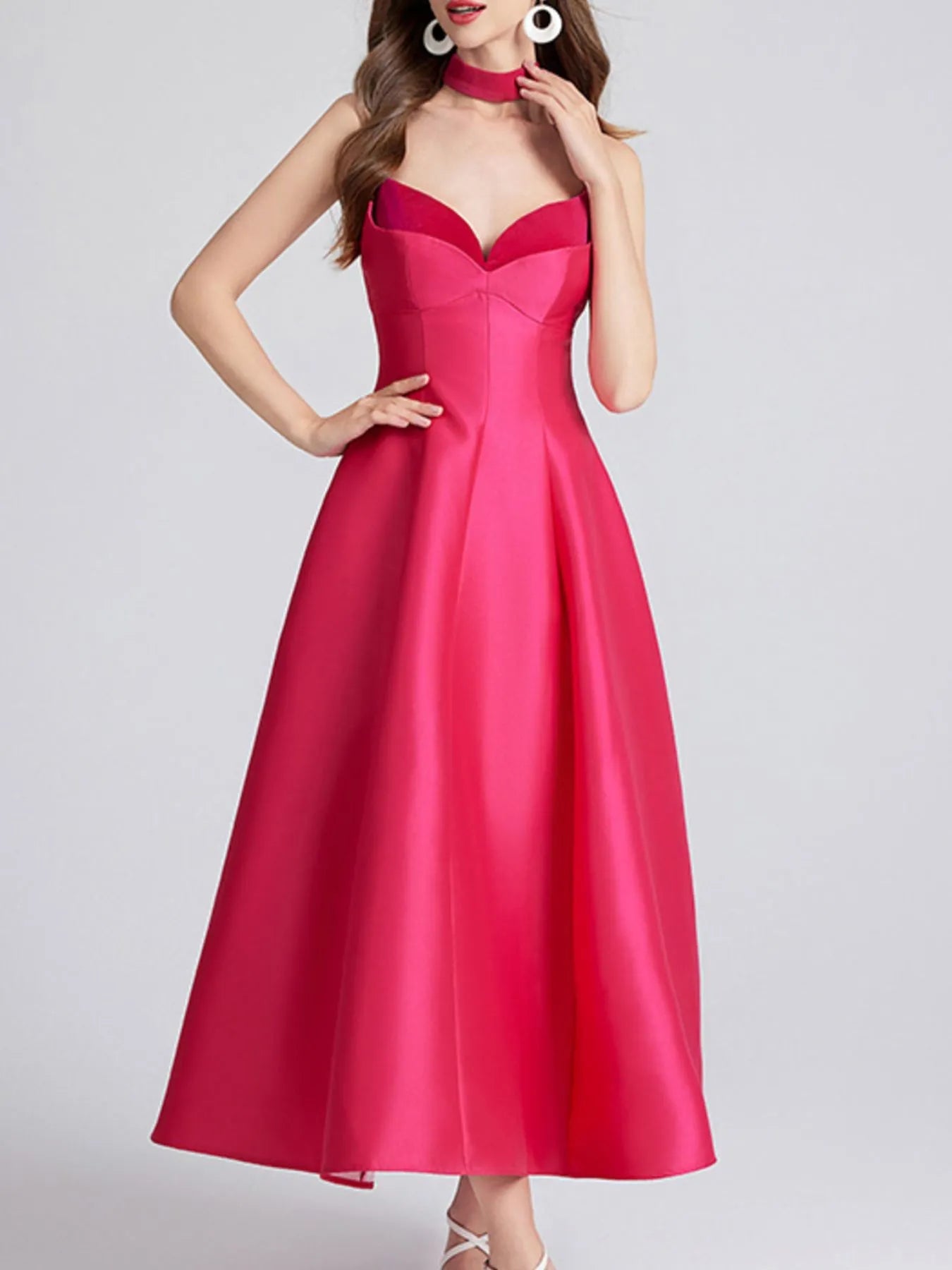 Sweetheart Spaghetti Strap Midi Dress with Collar - MAD RUFFI