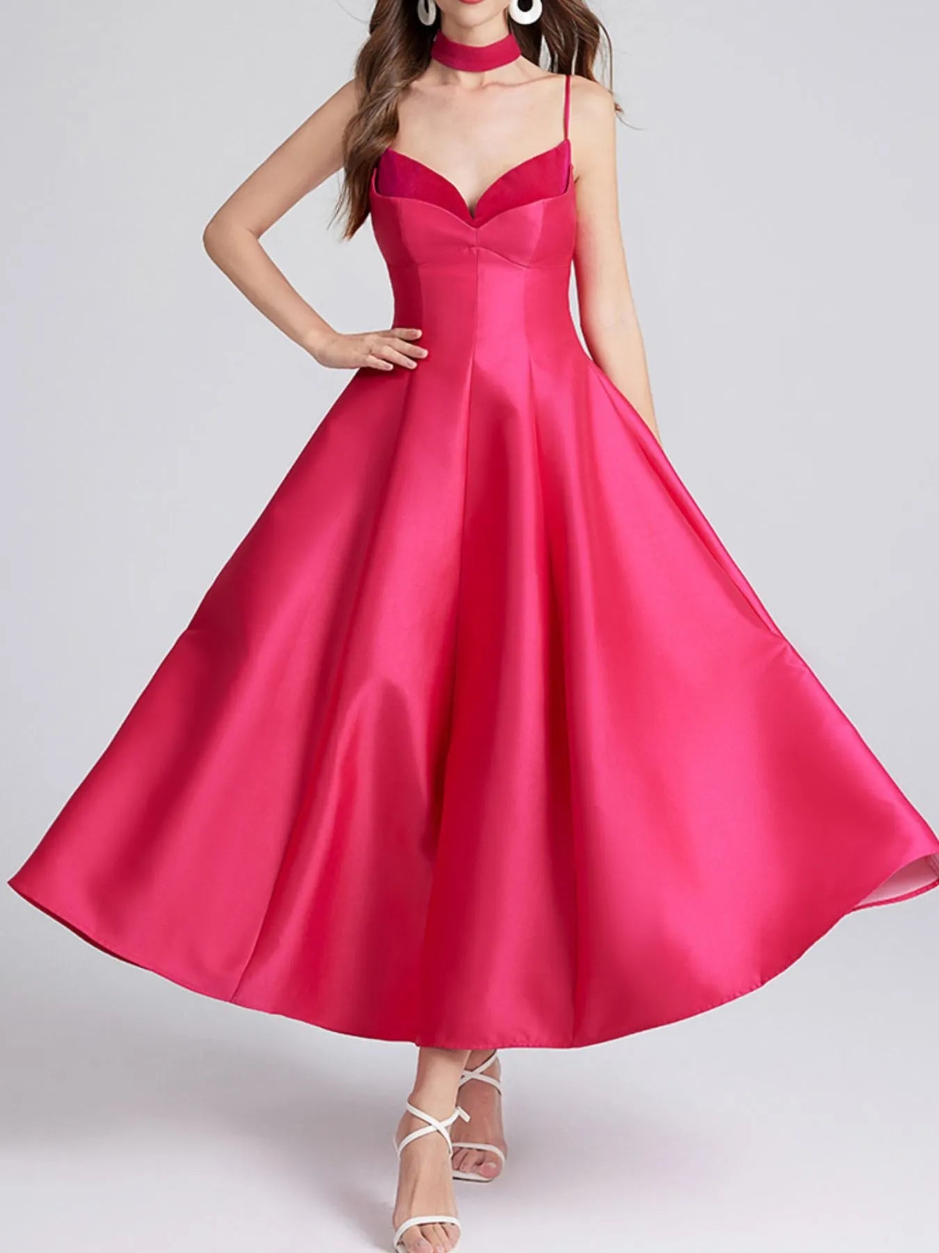 Sweetheart Spaghetti Strap Midi Dress with Collar - MAD RUFFI