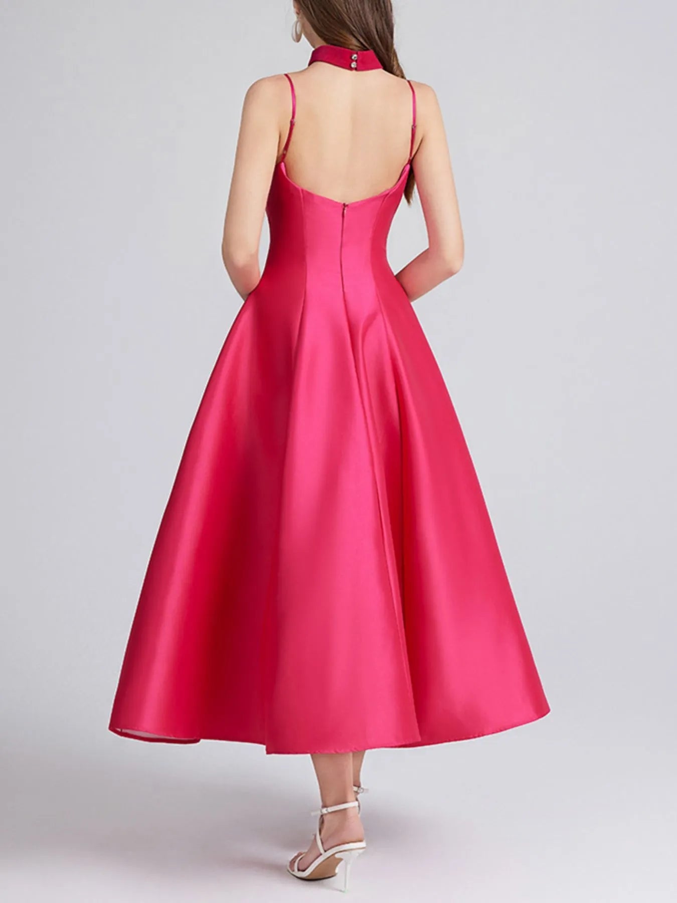 Sweetheart Spaghetti Strap Midi Dress with Collar - MAD RUFFI