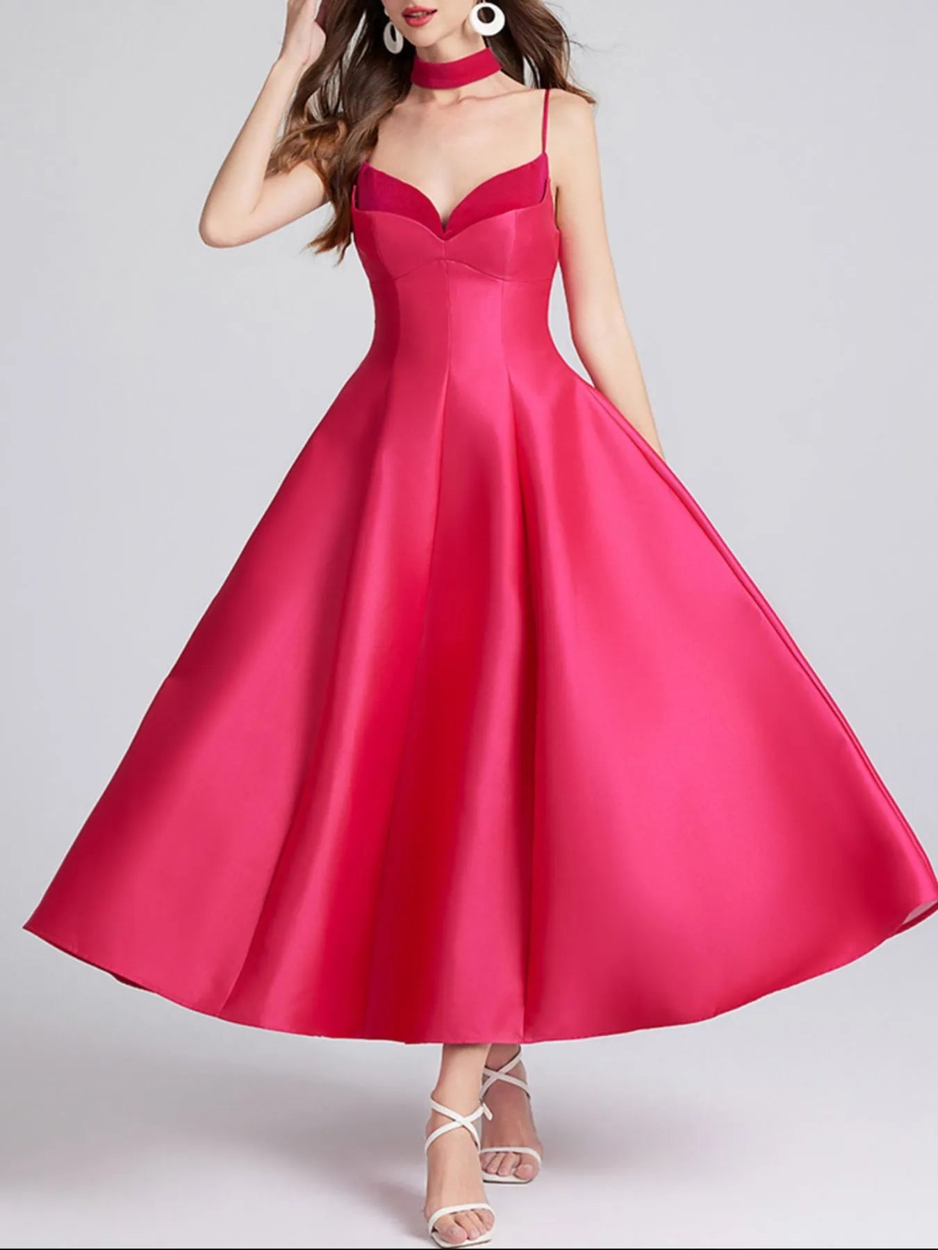 Sweetheart Spaghetti Strap Midi Dress with Collar - MAD RUFFI