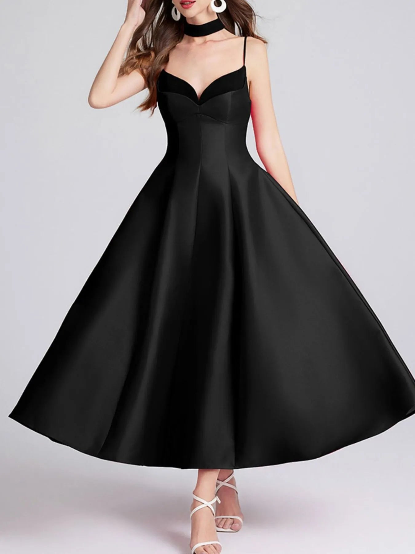 Sweetheart Spaghetti Strap Midi Dress with Collar - MAD RUFFI